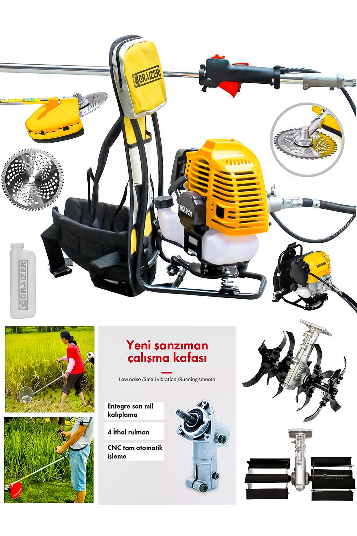 Graizer 58 Cc 11000 Rpm Sırt Tipi Benzinli Motor Ot Çalı Çim Biçme Tırpan Akrobat-Palet Çapa-Sarı