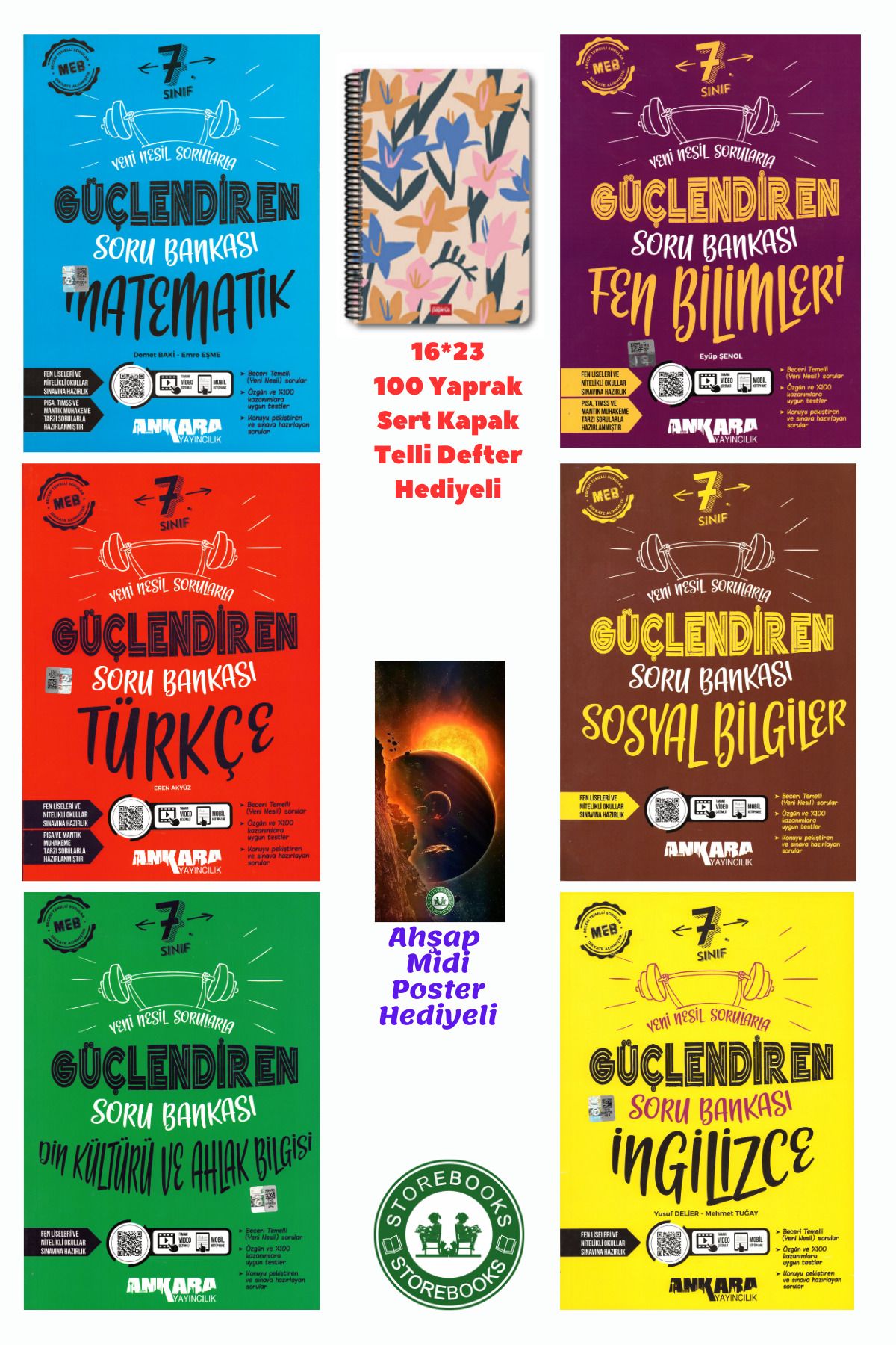 Ankara Yayıncılık 7. Sınıf Güçlendiren Mat+Fen+Türkçe+Sosyal+Din ve İngilizce Soru +Defter ve Ahşap Poster Hediyeli