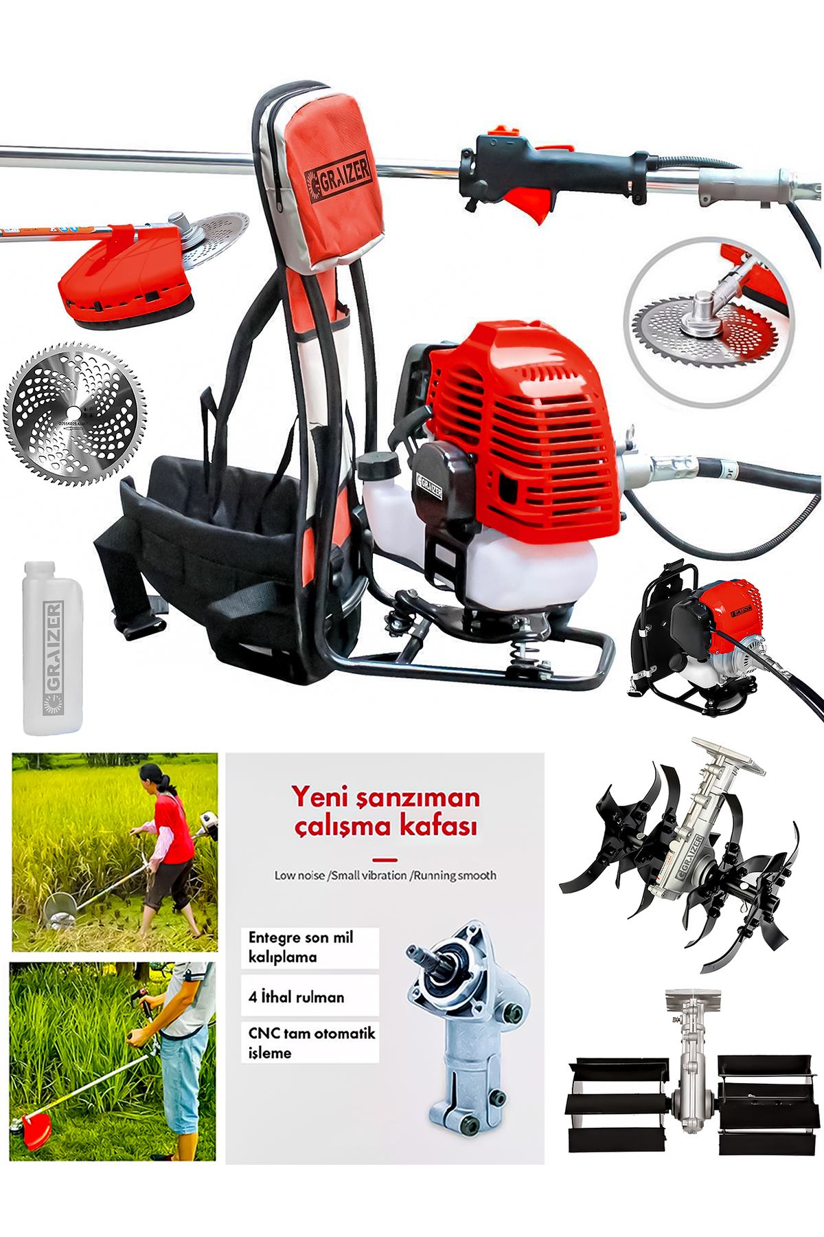 Graizer 58 Cc 11000 Rpm Sırt Tipi Benzinli Motor Ot Çalı Çim Biçme Tırpan Akrobat-Palet Çapa-Kırmızı