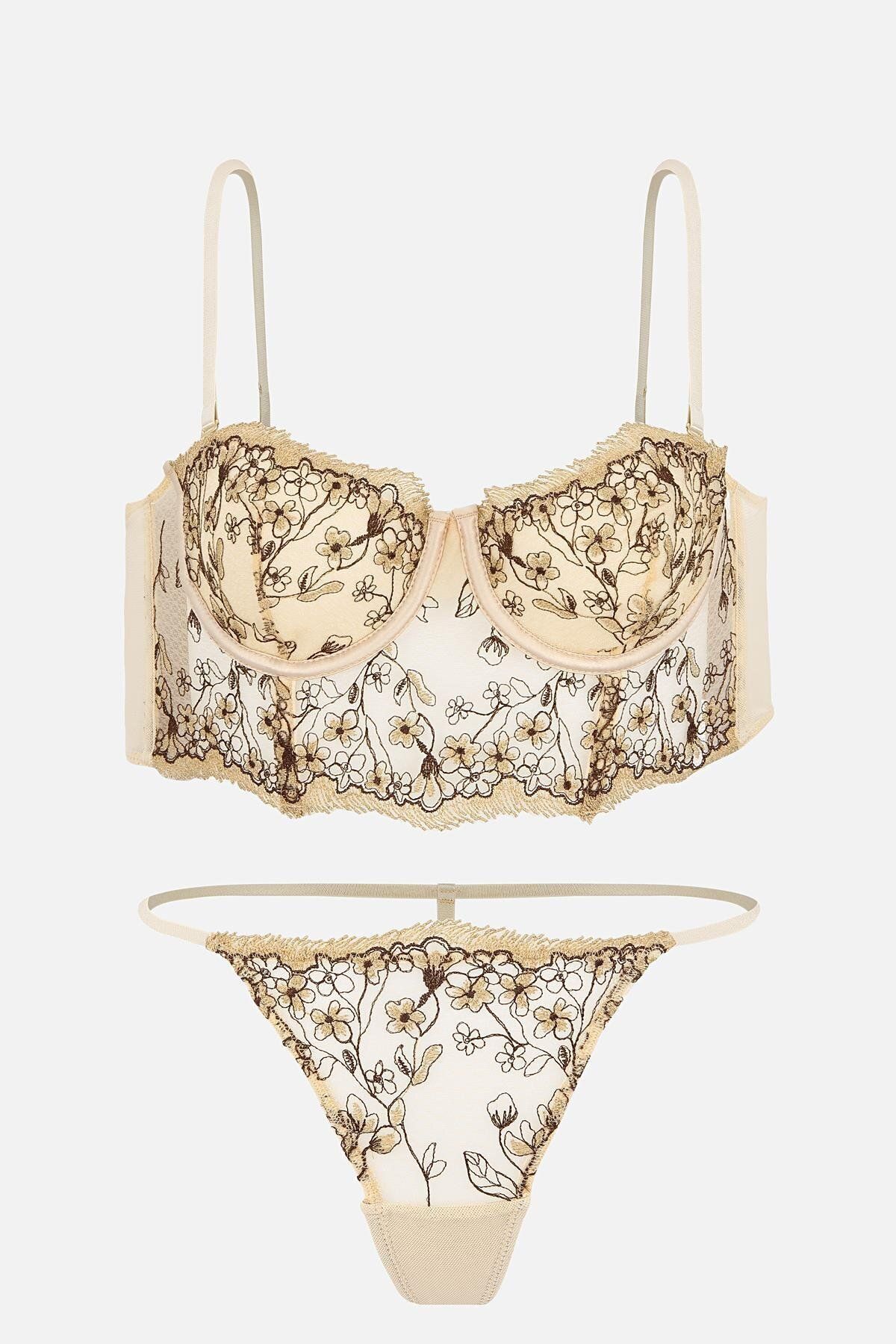 Wonna Brodeli Bralet Külot Takım - Kapsız - Fashion - 2714 - Ten