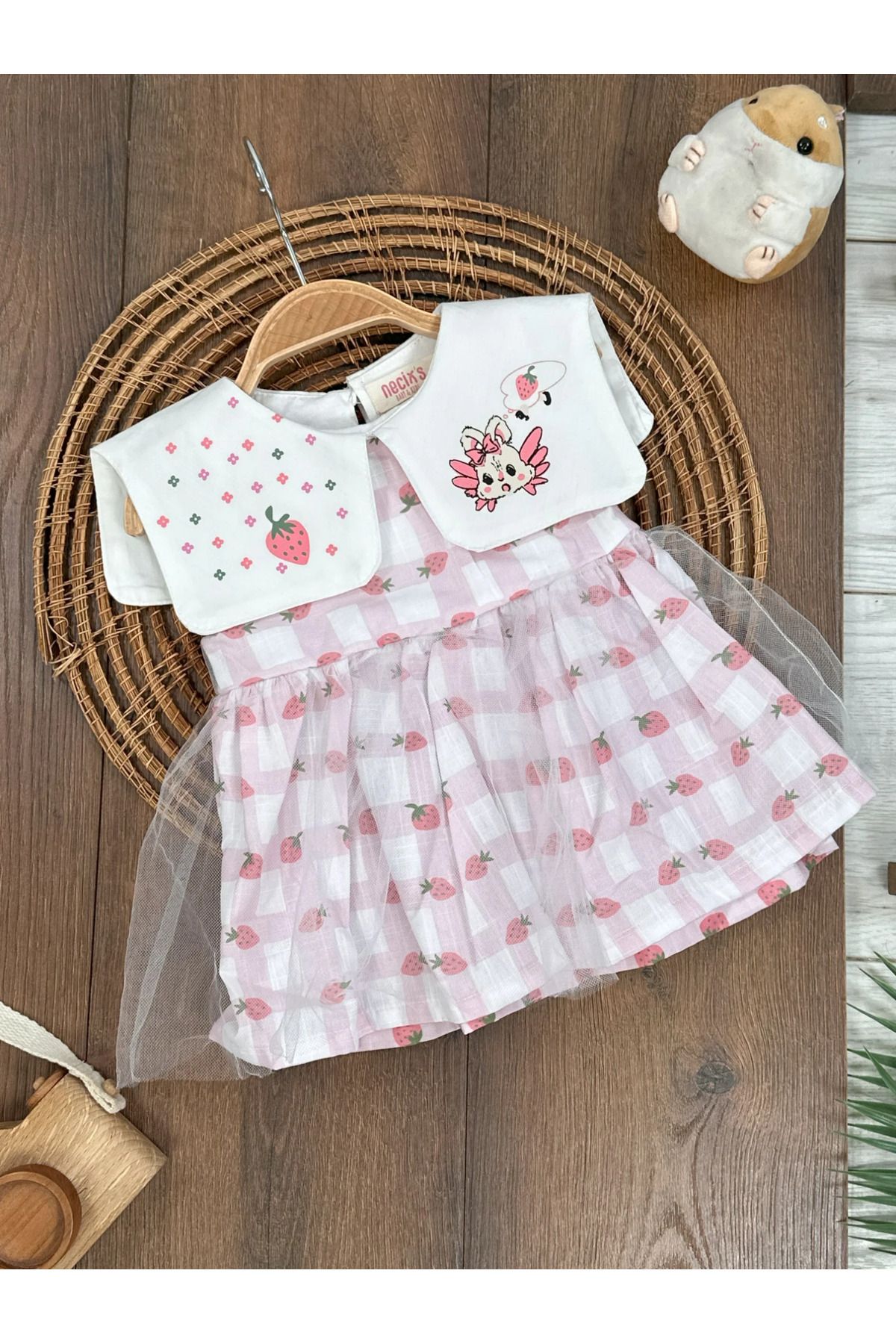 BİSCOİ babybiscoi Ekose Çilek Desenli Tüllü Yazlık Kız Bebek Elbise