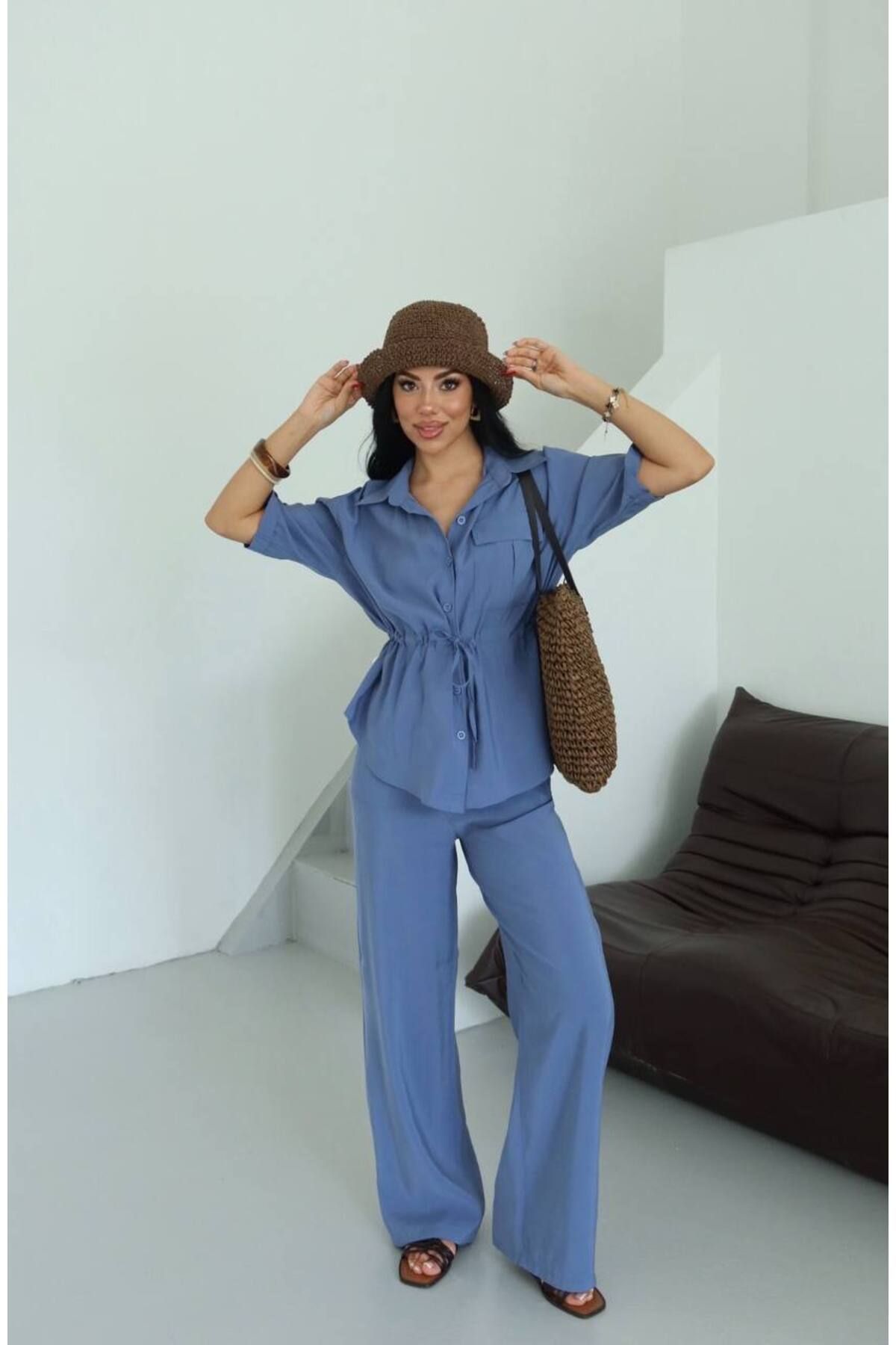 VESS MODA Kadın Kolu Kıvırmalı Beli büzgü bağlamalı yazlık gömlek pantolon ikili takım