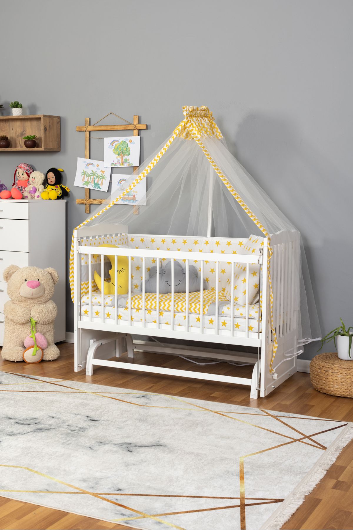 Carino Wins Ahşap Beşik Anne Yanı Yeni Doğan Tutku BEYAZ Bebek Beşiği SARI YILDIZ UYKU SETLİ