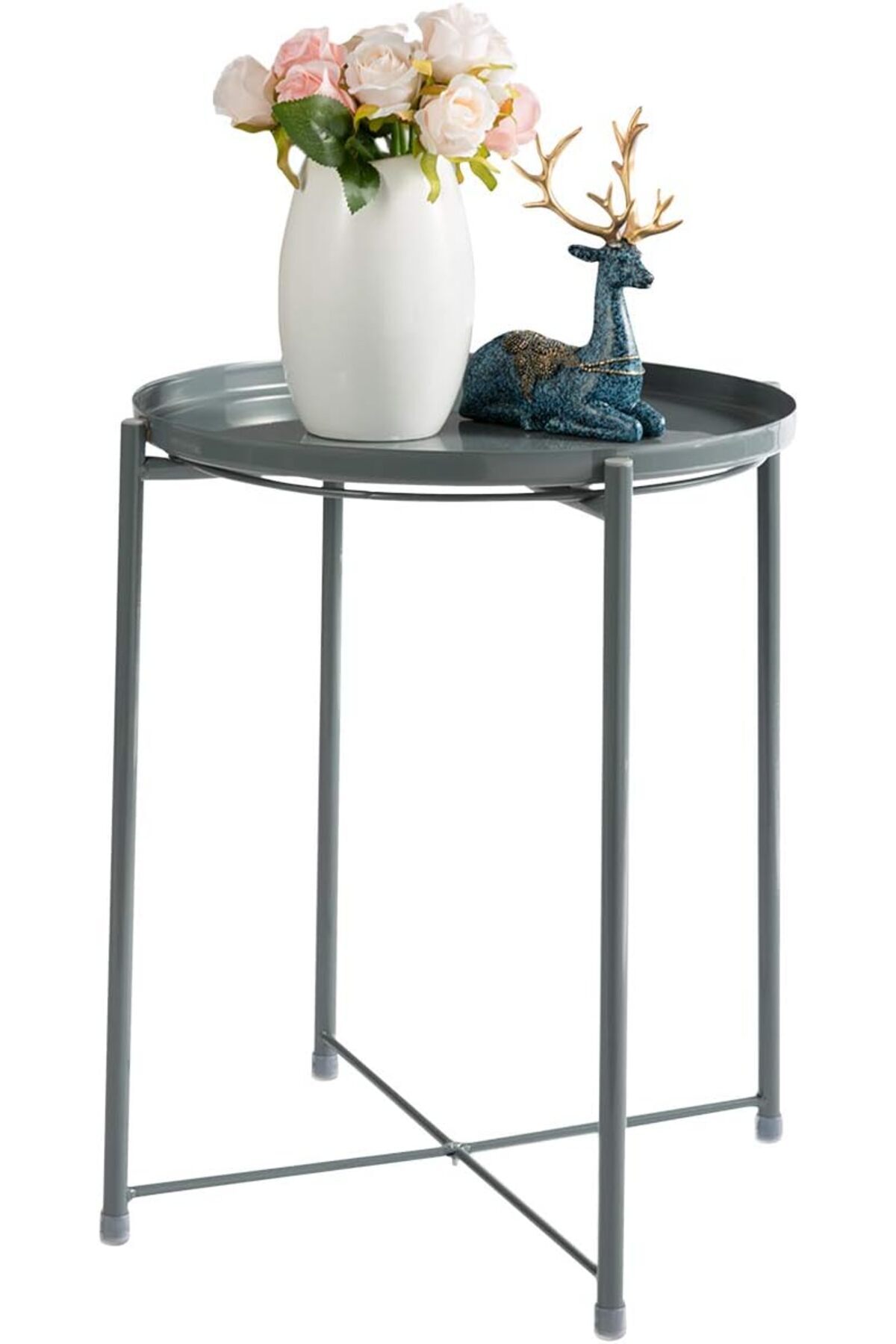 طاولة جانبية دائرية مقاومة للصدأ والماء، لون رمادي طاولة بجانب السرير لغرفة المعيشة وغرفة النوم