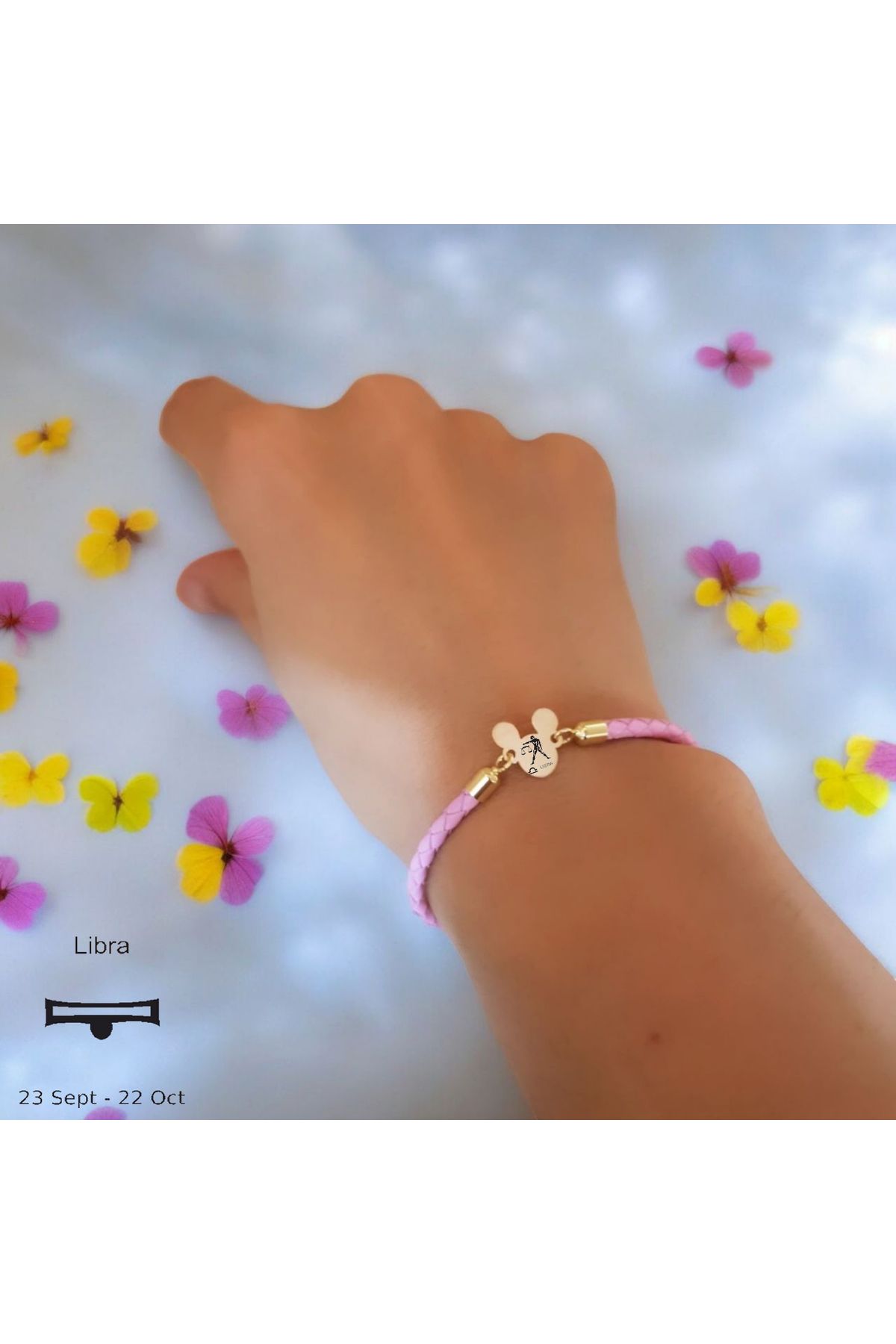 ARCHINO GOLD Mickey Mouse'lu Hakiki Derili 14 Ayar Altın Plakalı Bayanlara Terazi Burcu Bilekliği-445burç-pembe
