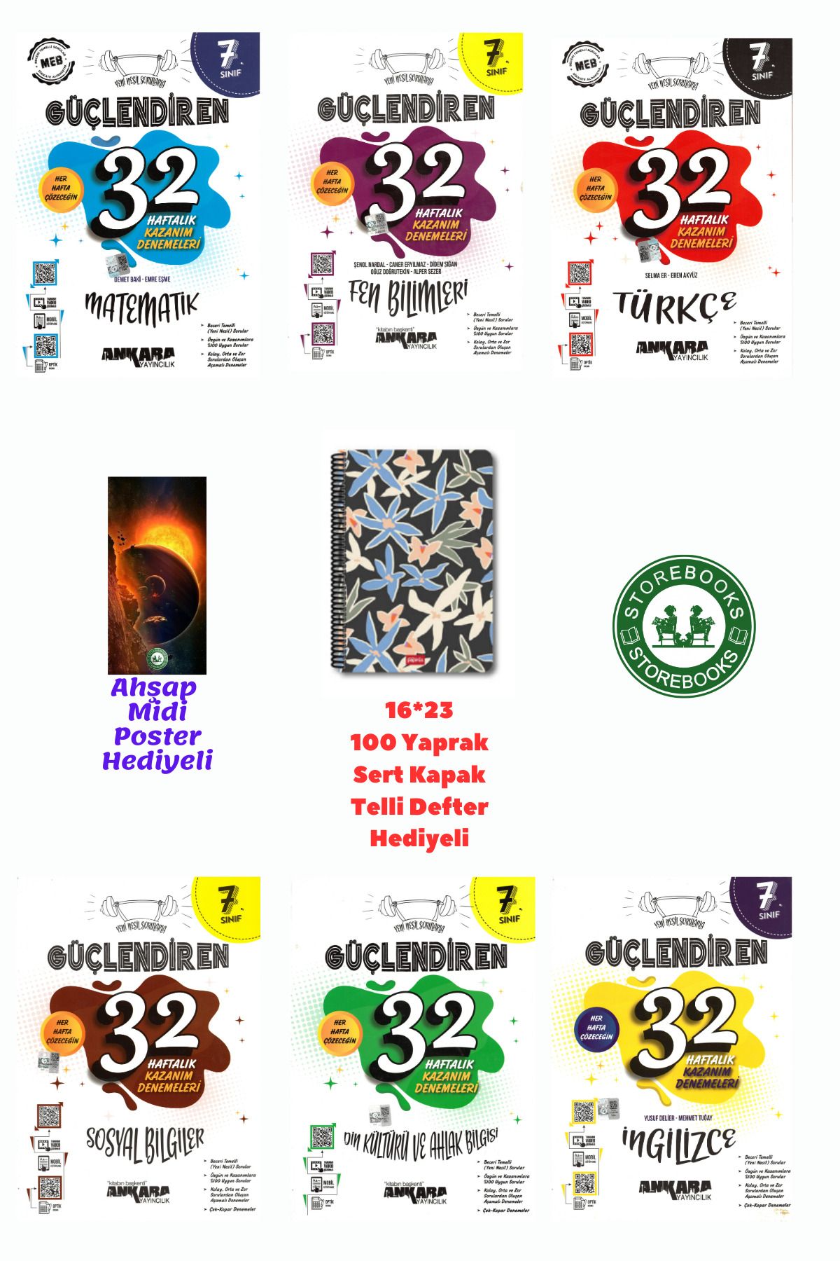 Ankara Yayıncılık 7. Sınıf Güçlendiren Tüm Dersler 32 Haftalık Deneme Seti+Defter ve Ahşap Poster Hediyeli