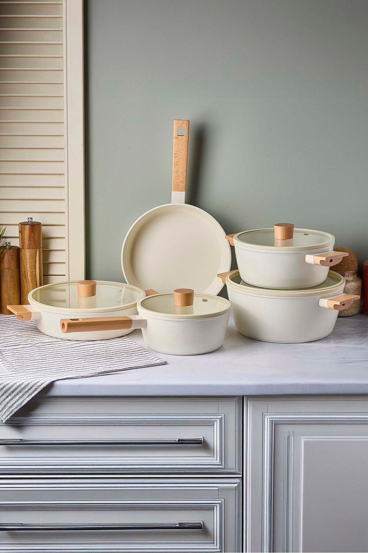 Muba Consept Cookwood Beige 9 Parça Tencere Tava Seti Indüksiyon Tabanlı Ahşap Saplı