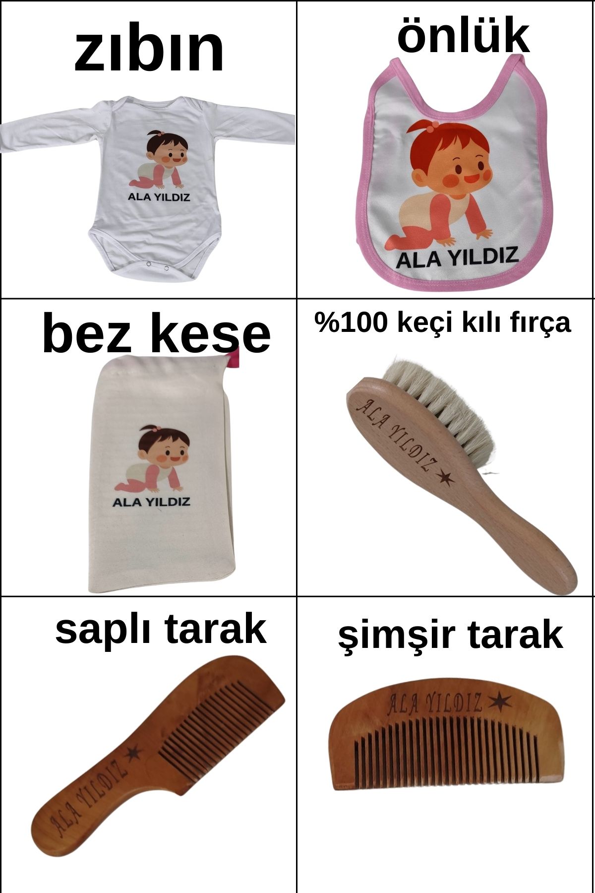 GM CAPELLA Yeni Doğan Bebek İsimli Set Bebek Hediye Seti Doğum Hediye Seti Zıbın, Önlük, Tarak, Fırça ve Kese