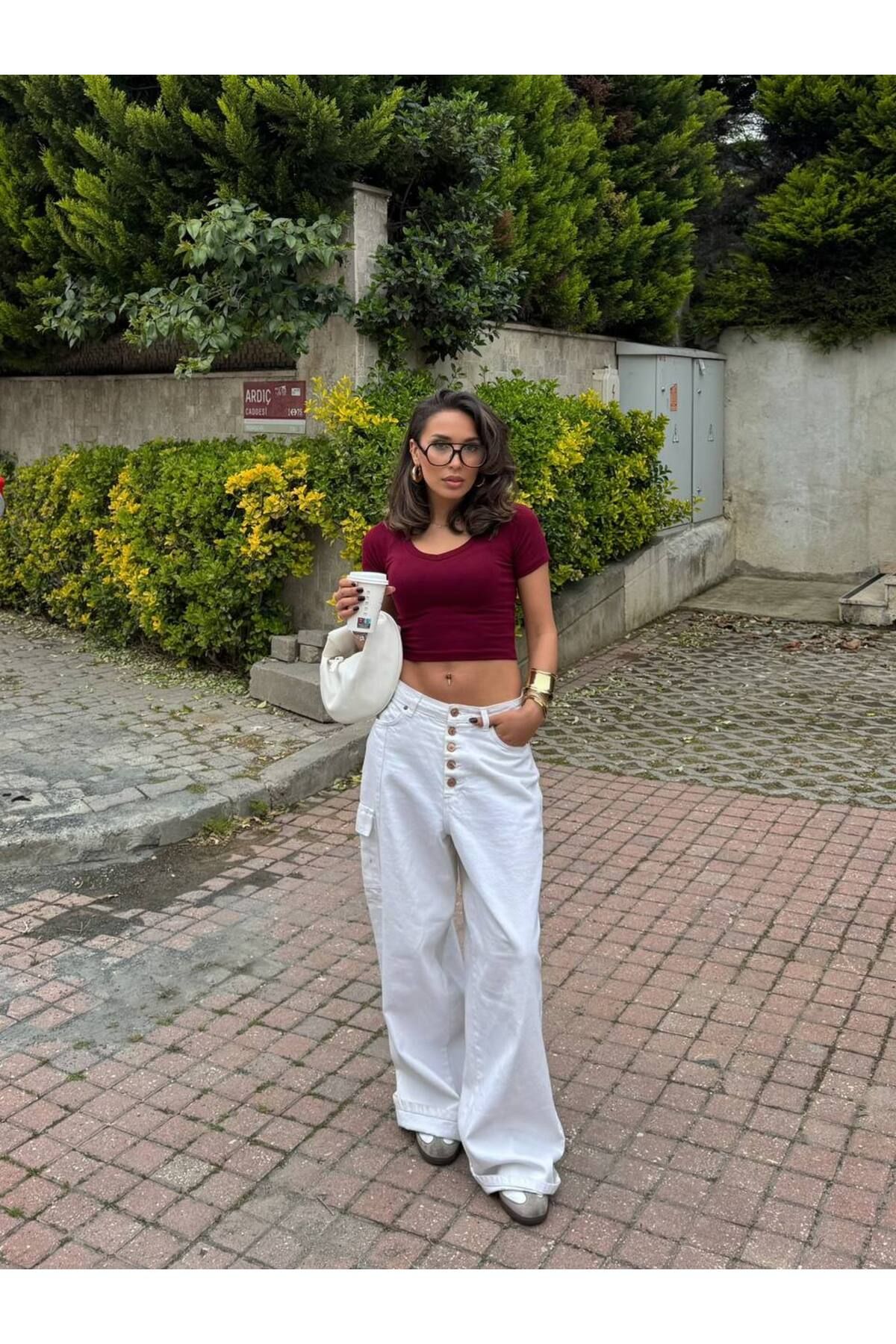 NovaRopa Kadın Bordo V Yaka Kısa Kol Crop T-shirt-DM476