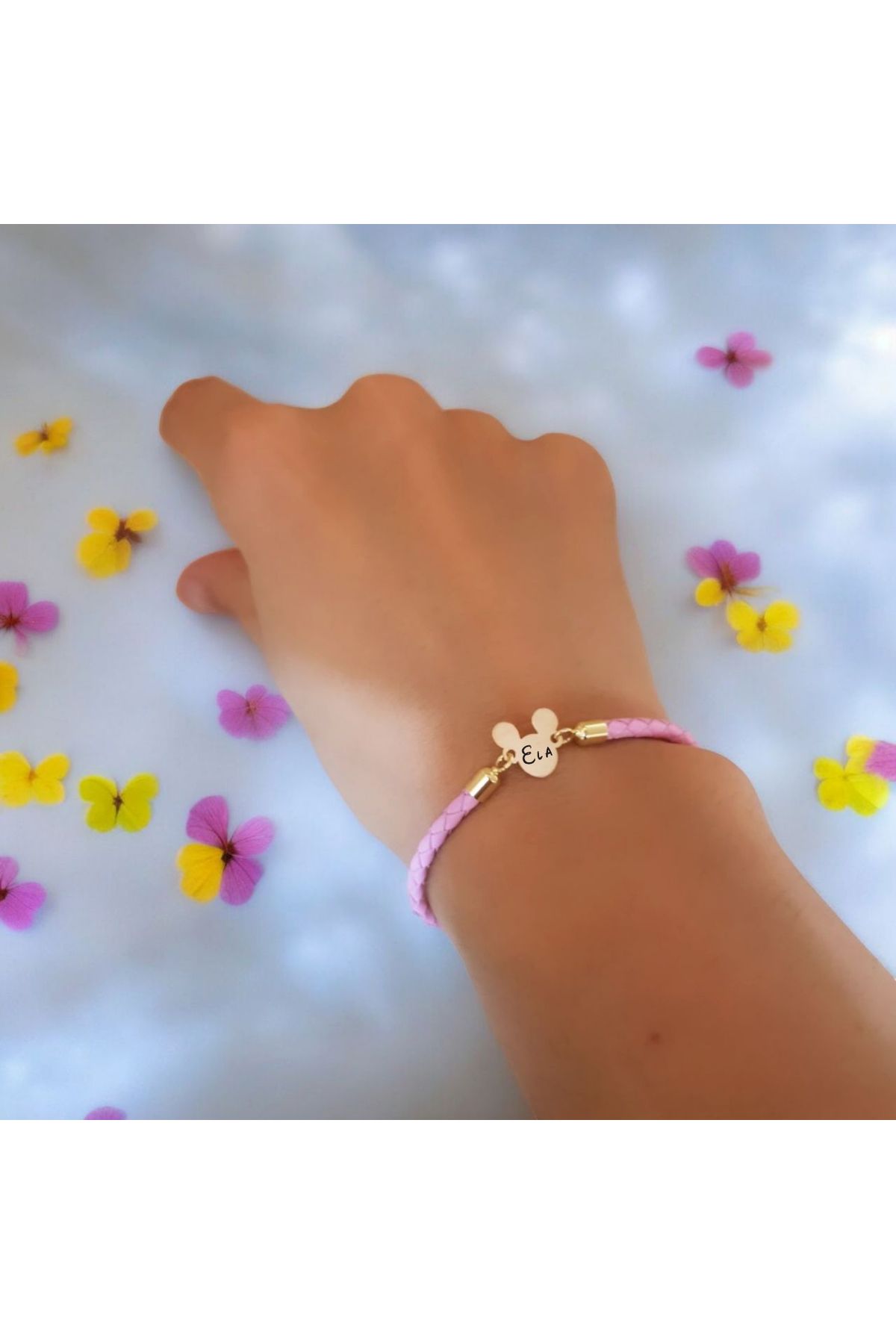 ARCHINO GOLD 14 Ayar Altın Plakalı Mickey Mouse'lu Doğal Derili Ela Yazılı Hediye Bilekliği-445isim-pembe
