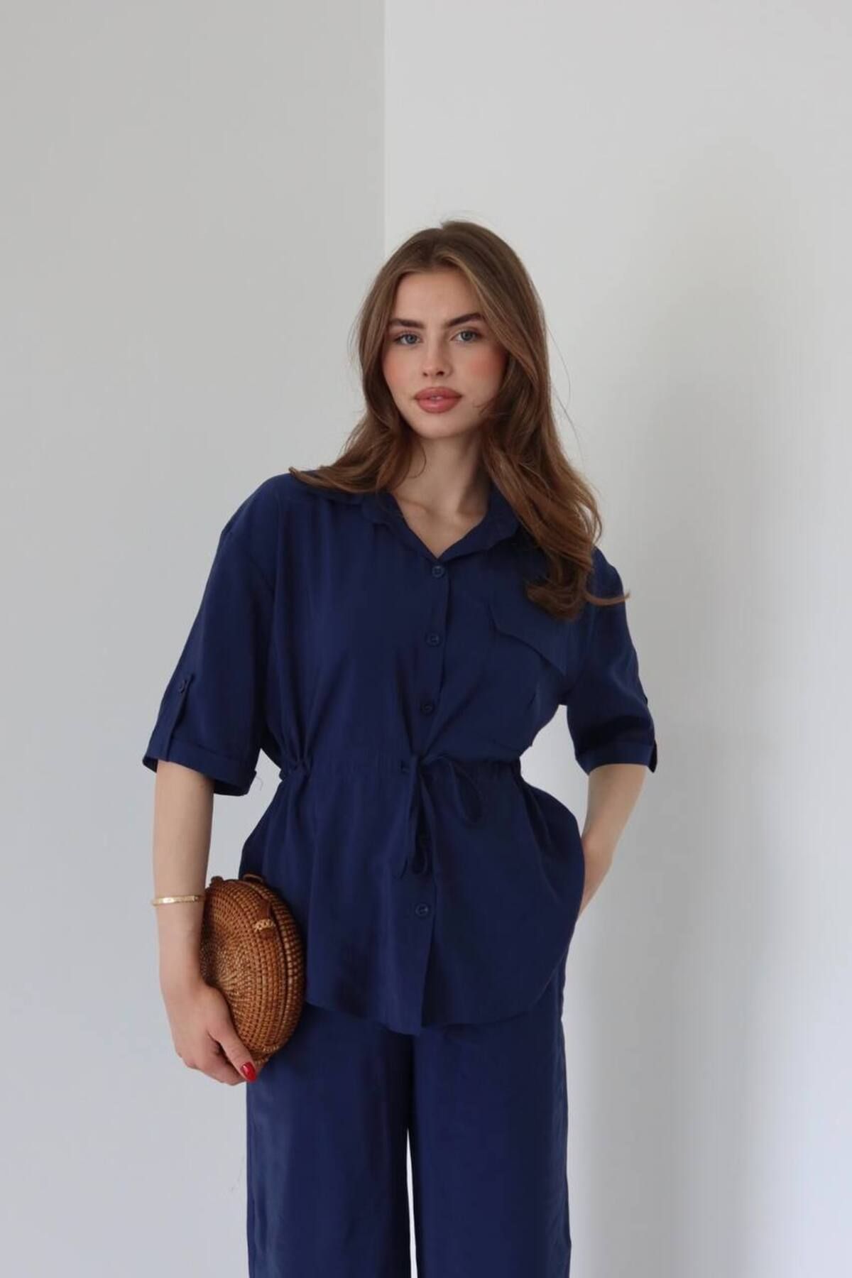 VESS MODA Kadın Kolu Kıvırmalı Beli büzgü bağlamalı yazlık gömlek pantolon ikili takım