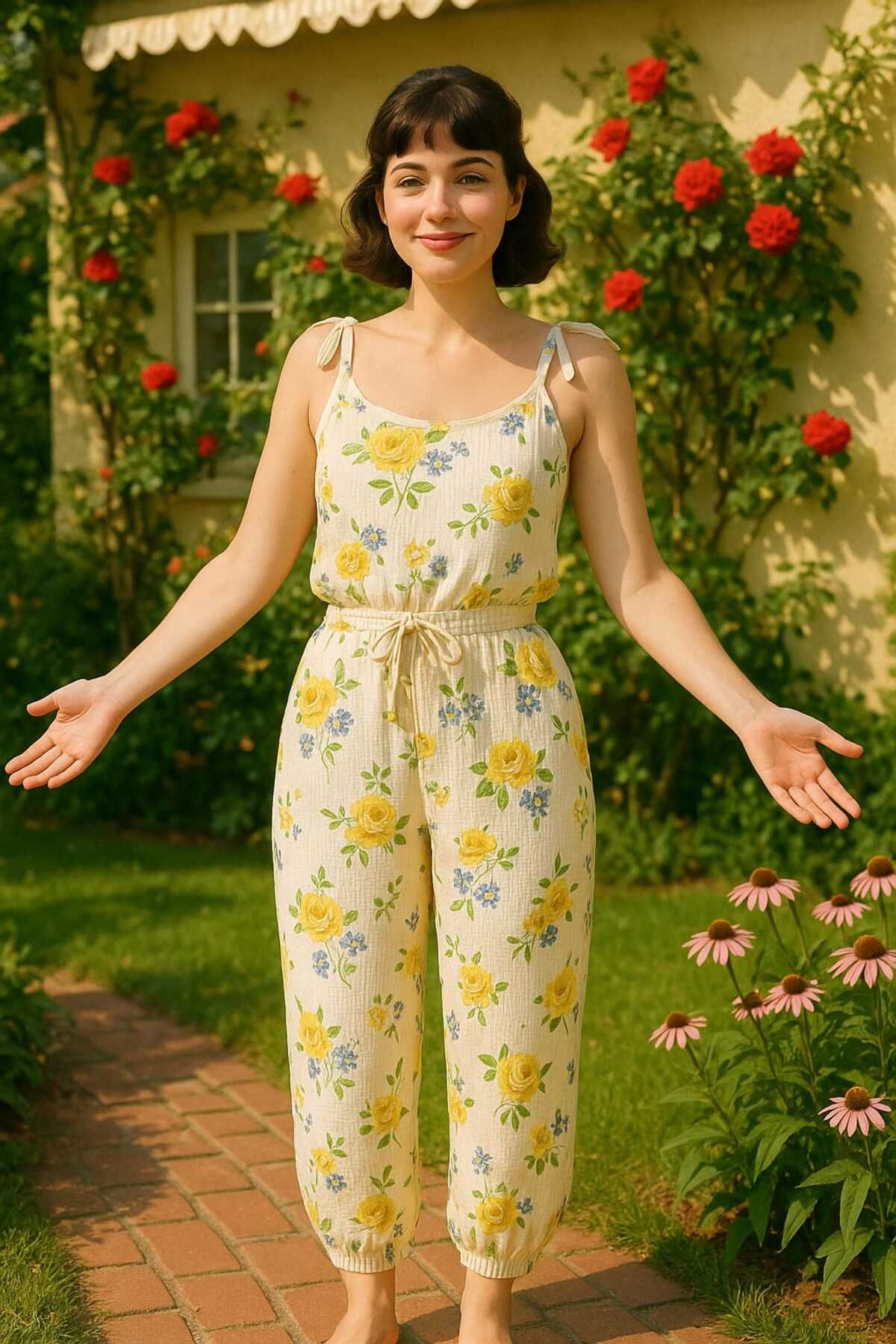PEMBİŞ HOMEWEAR Bürümcük Sarı Çiçekli 2 Parça Atlet ve Şalvar Pijama Takımı