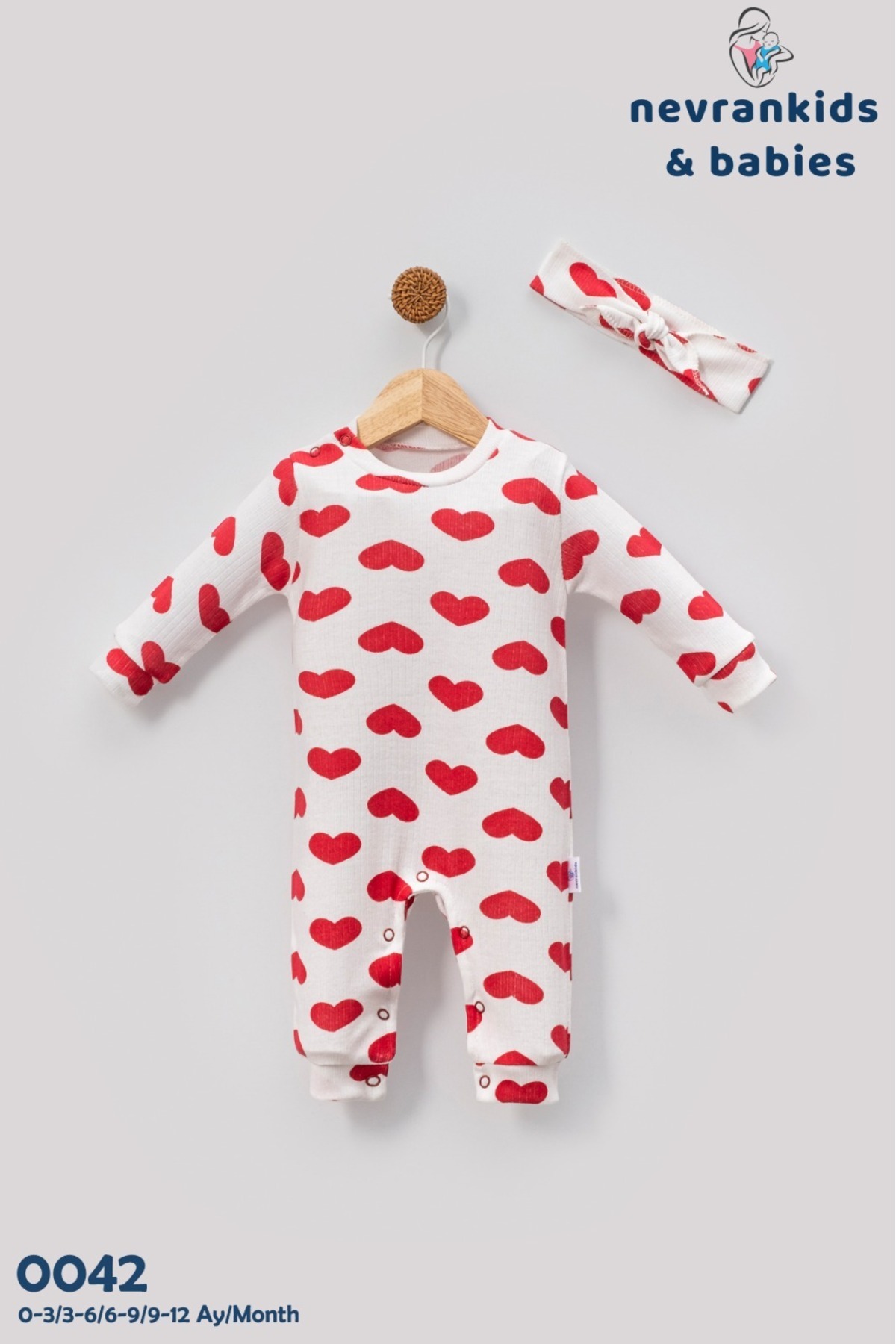 nevrankids Kız Bebek Big Heart Pattern Bandanalı Patiksiz Çıt’lı Tulum Set fotoğrafı 5 (önizleme)