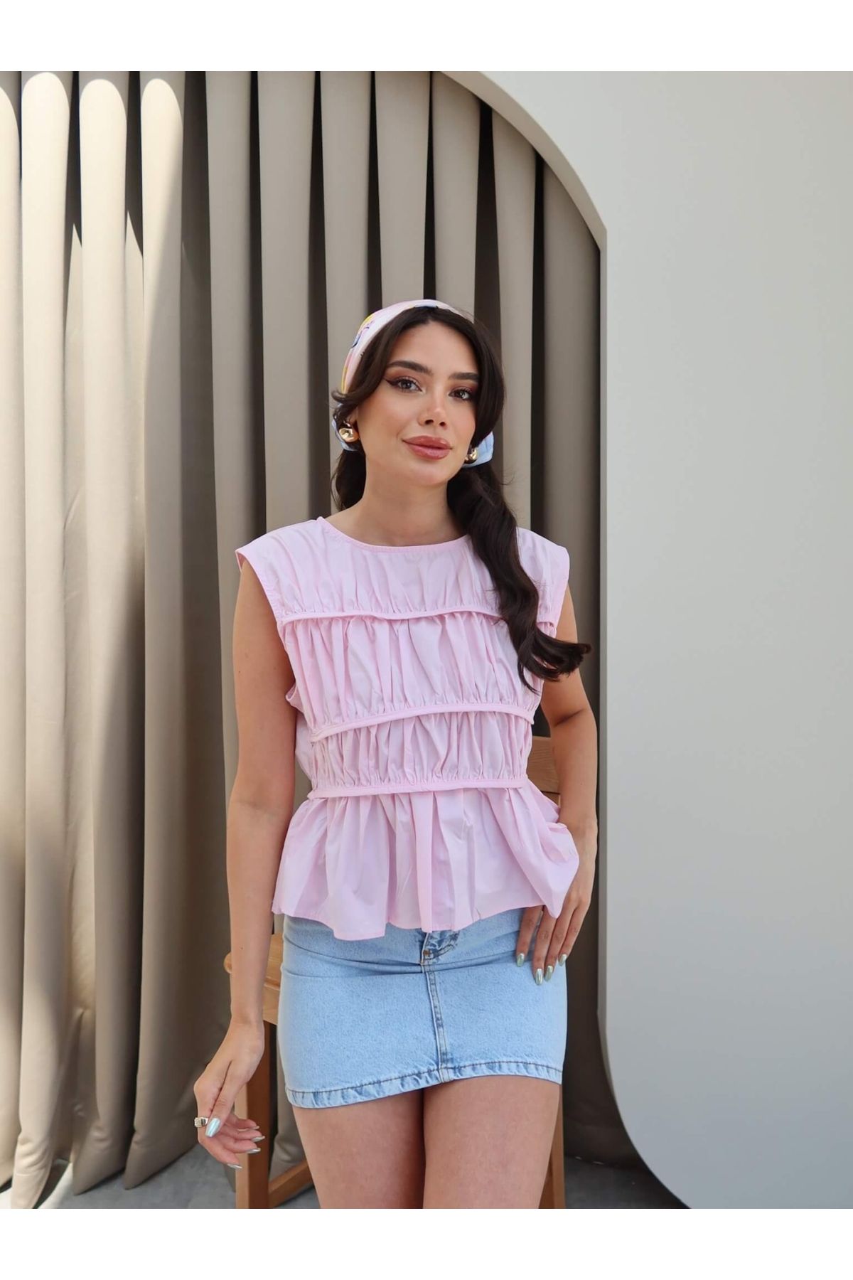 ESRAHELVACI Pembe Büzgü Detay Bluz