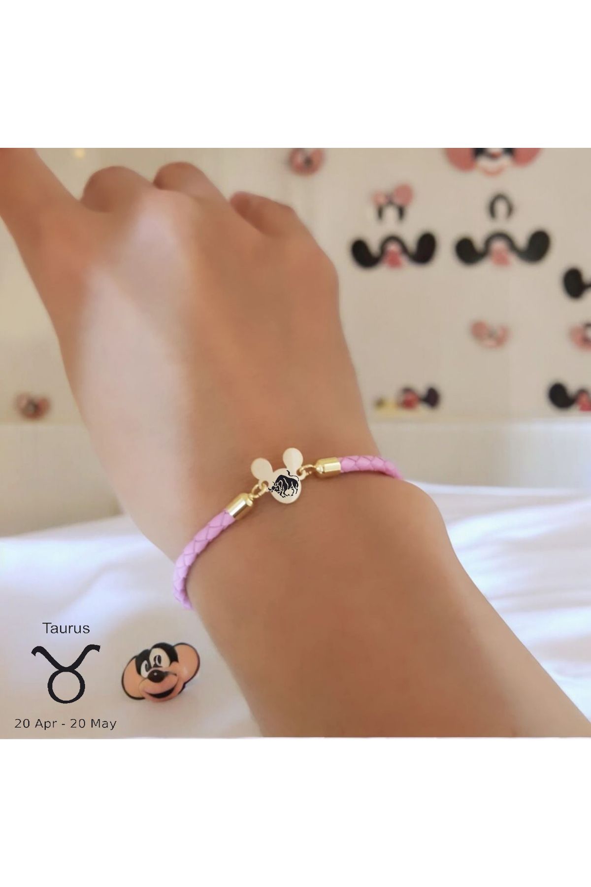 ARCHINO GOLD Mickey Mouse'lu Hakiki Derili 14 Ayar Altın Plakalı Bayanlara Boğa Burcu Bilekliği-445burç-pembe
