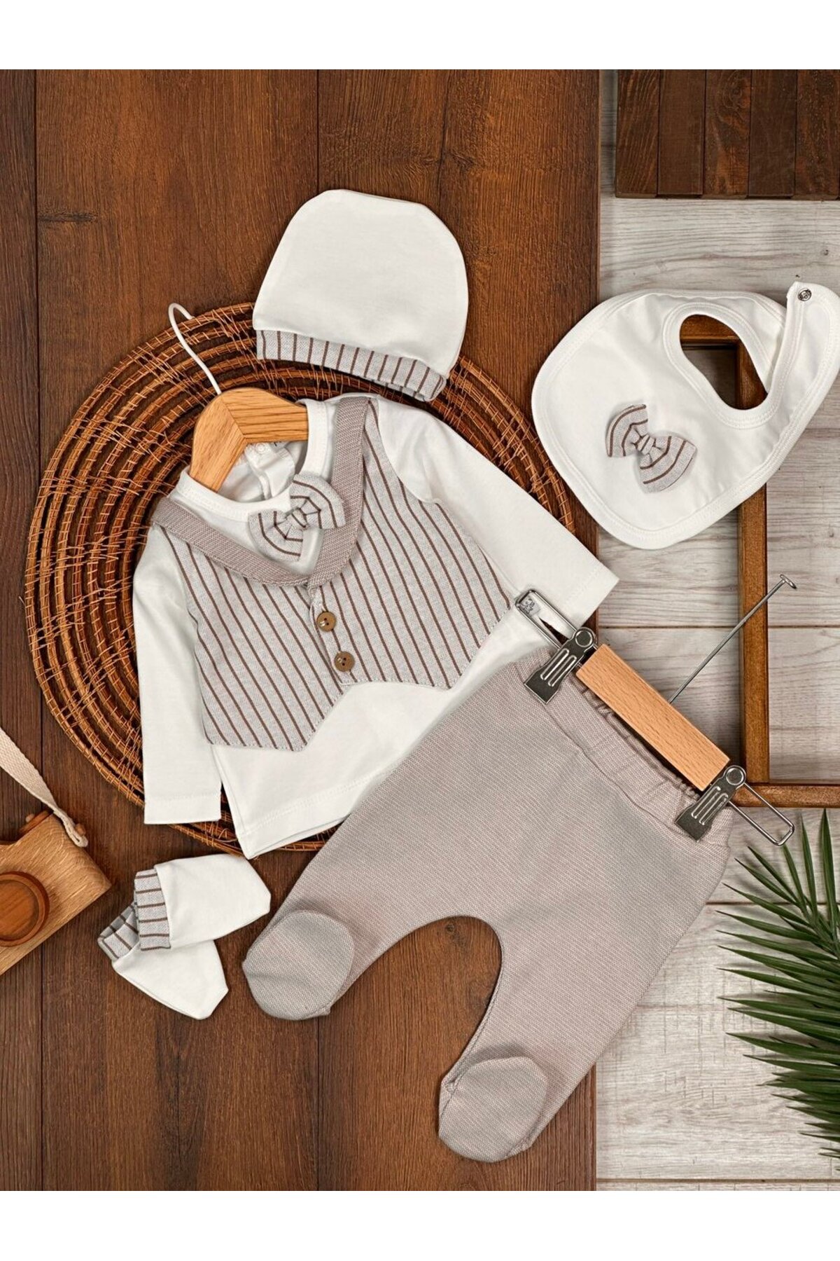 Kids Kingdom Yüksek Kalite Pamuk Çizgili Erkek Bebek 5li Hastane Çıkış Seti fotoğrafı 3 (önizleme)