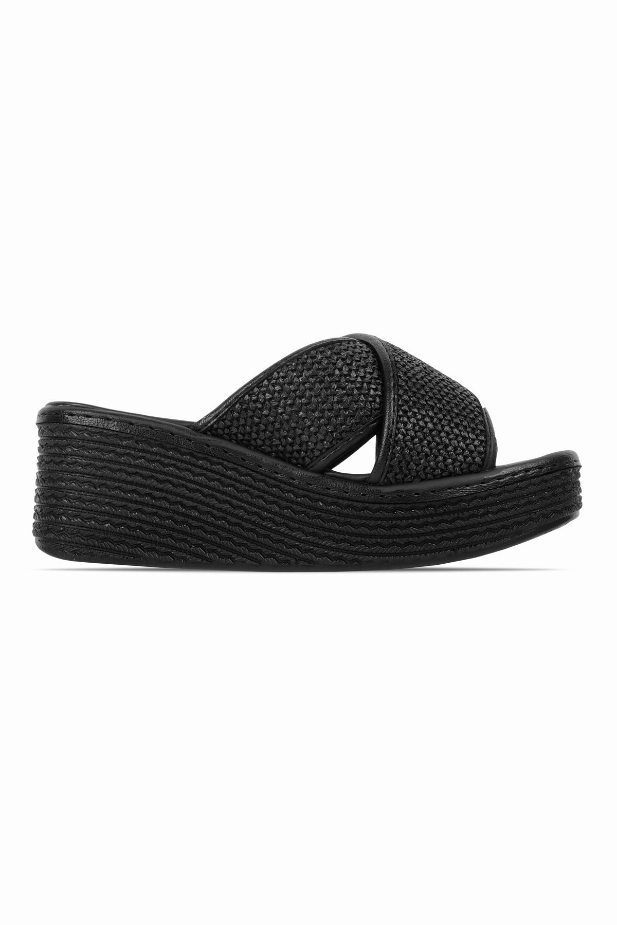 Lal Shoes & Bags Haris Kadın Çapraz Geçmeli Hasır Dolgu Topuklu Terlik-siyah