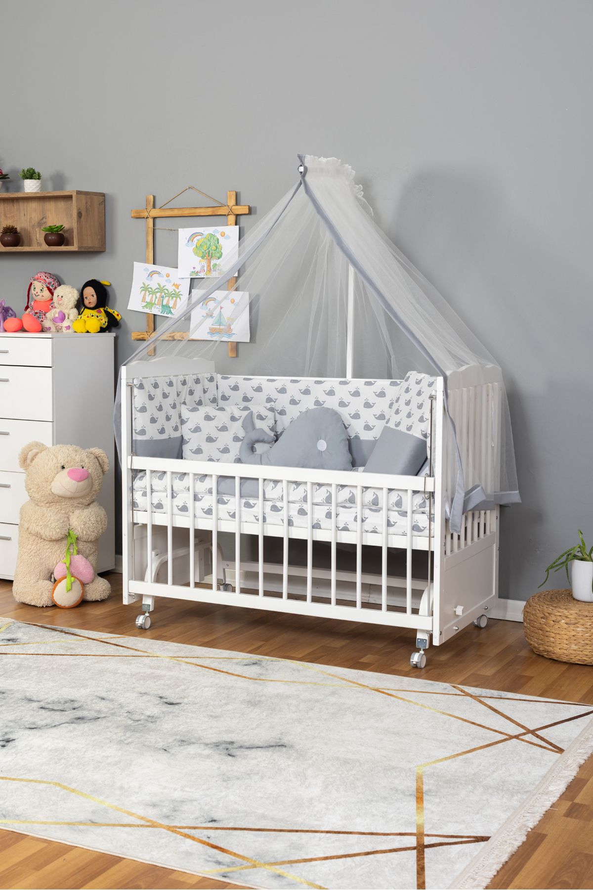 Carino Wins Tutku BEYAZ Bebek Beşiği Ahşap Beşik Anne Yanı Yeni Doğan GRİ BALİNA UYKU SETLİ + TEKERLEKLİ