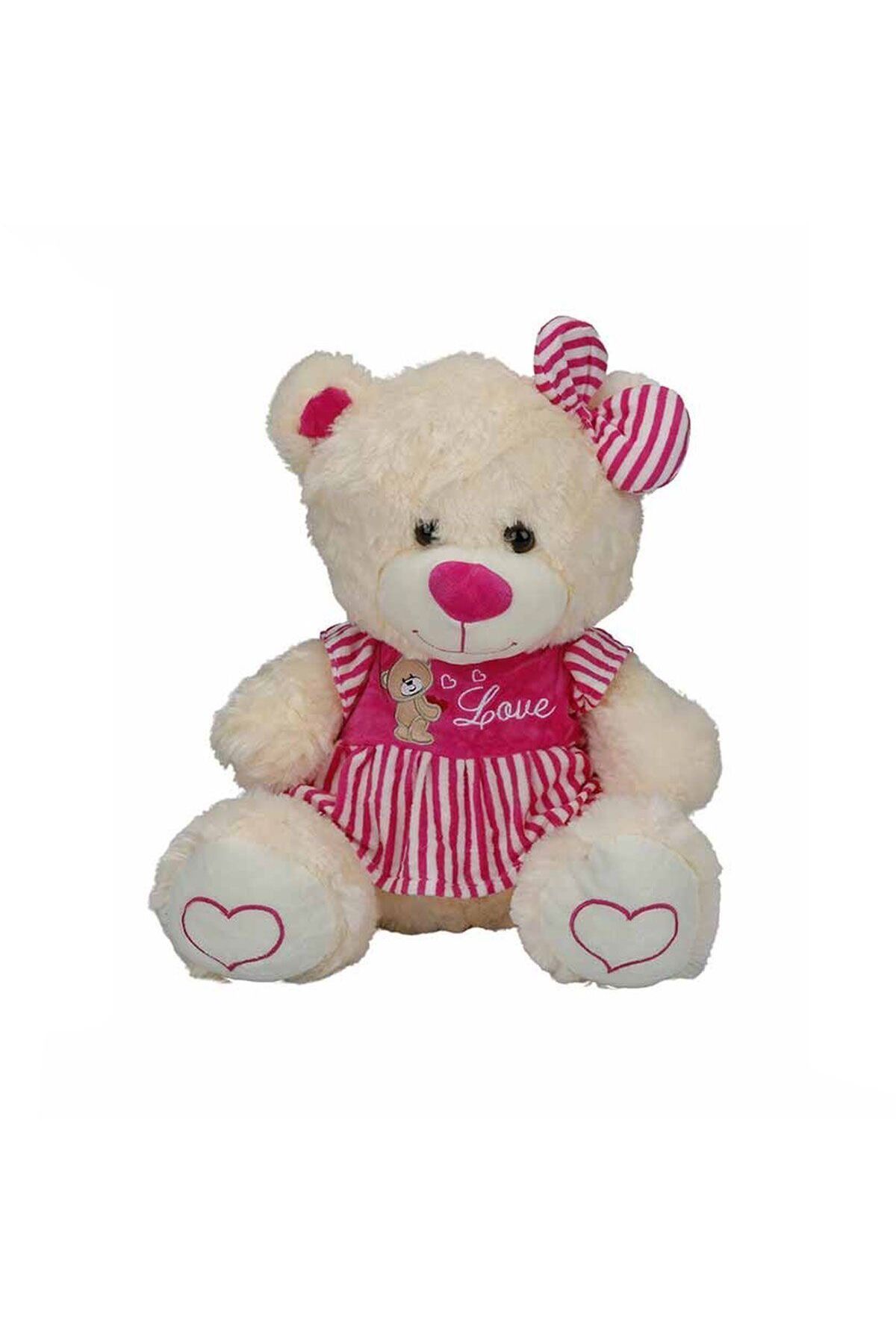melfxxl eticaret 8334 Oturan Çizgili Elbiseli Peluş Ayı 40 cm -Sunman