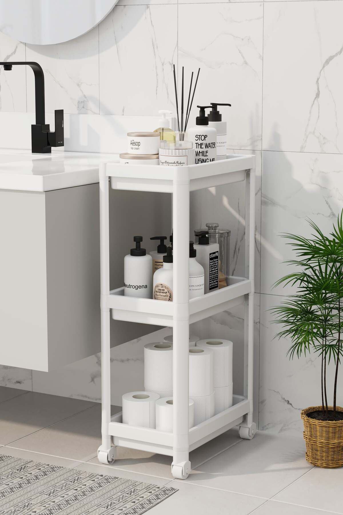 nouray 3 Katlı Tekerlekli Banyo Rafı, Mutfak Rafı, Havluluk, Deterjanlık Makyaj Organizer