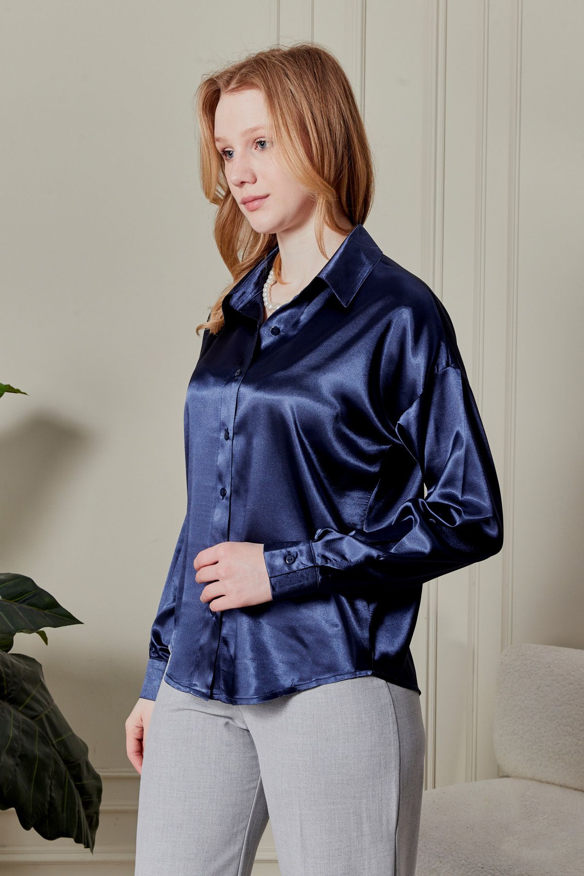 fumel women's clothing Kadın Lacivet Saten Gömlek