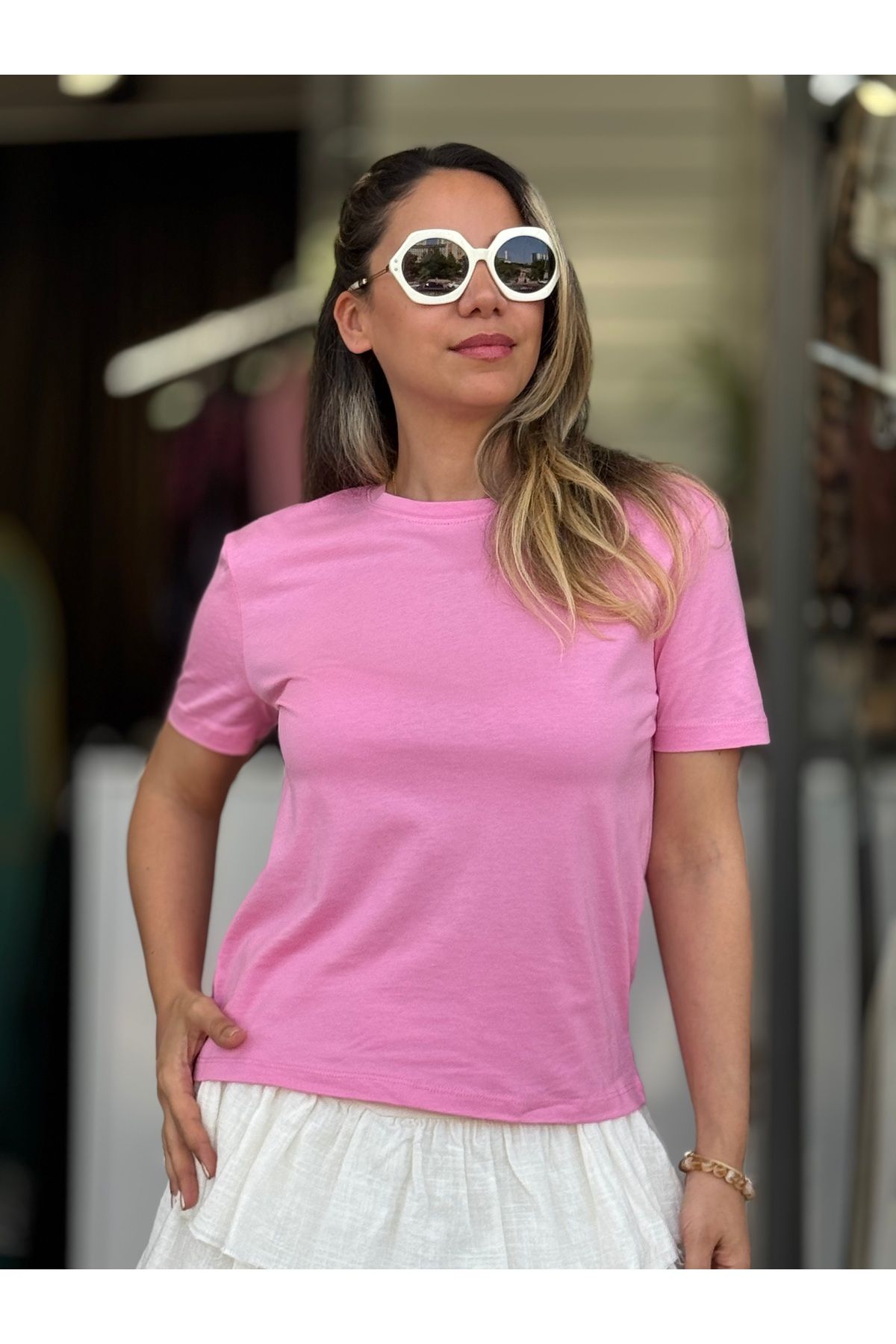 Dilvin Bisiklet Yaka Pembe Tshirt