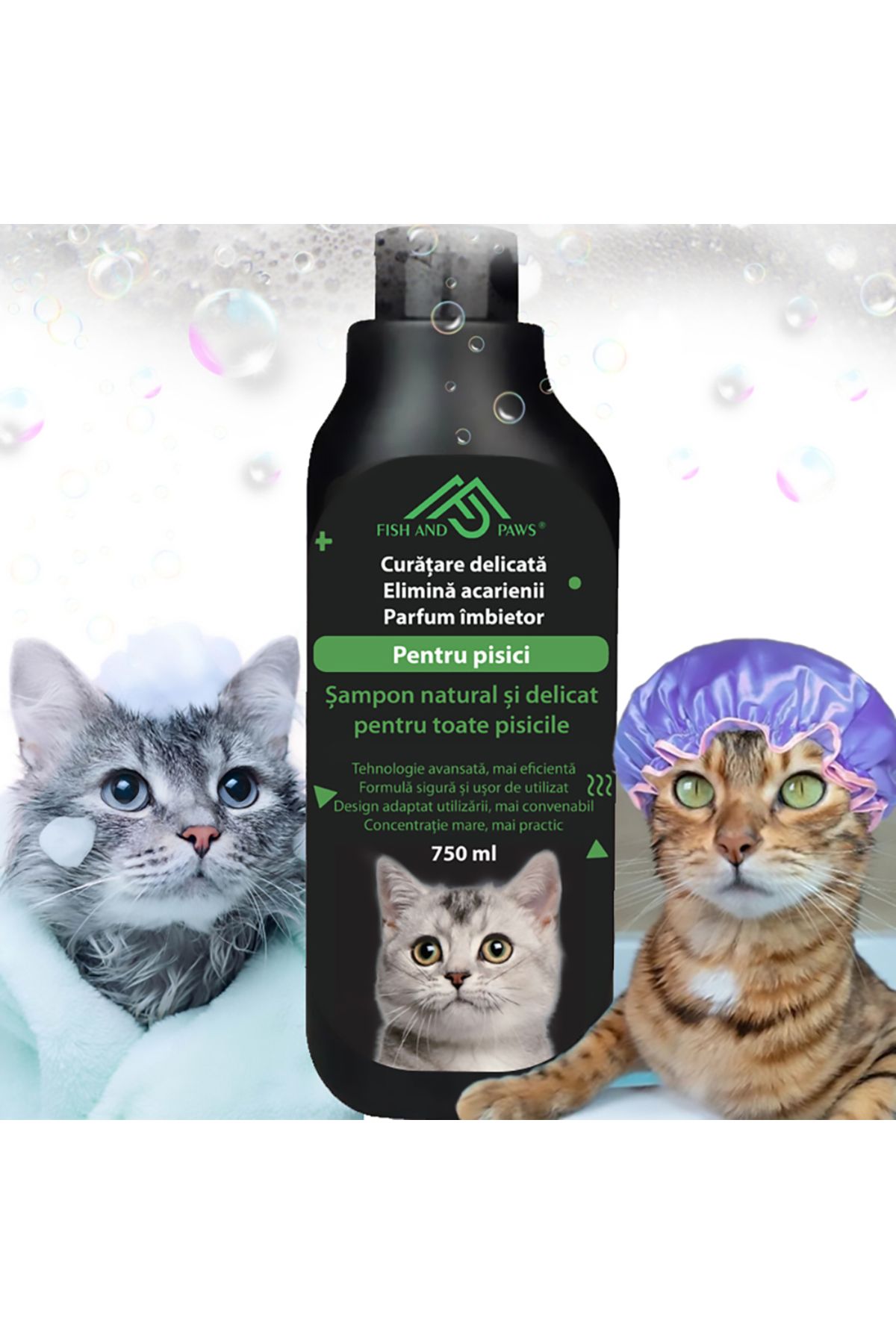 Fish & Paws Șampon Pisici Fish & Paws , Natural, Cu Vitamina B5, Curațăre Delicată, 750ml, Parfum Plăcut - One Size