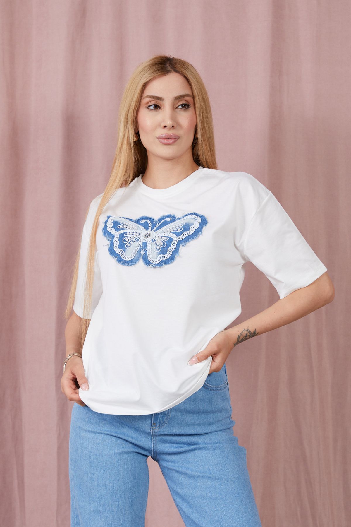 DPARİS Kelebek Baskılı İncili T-shirt