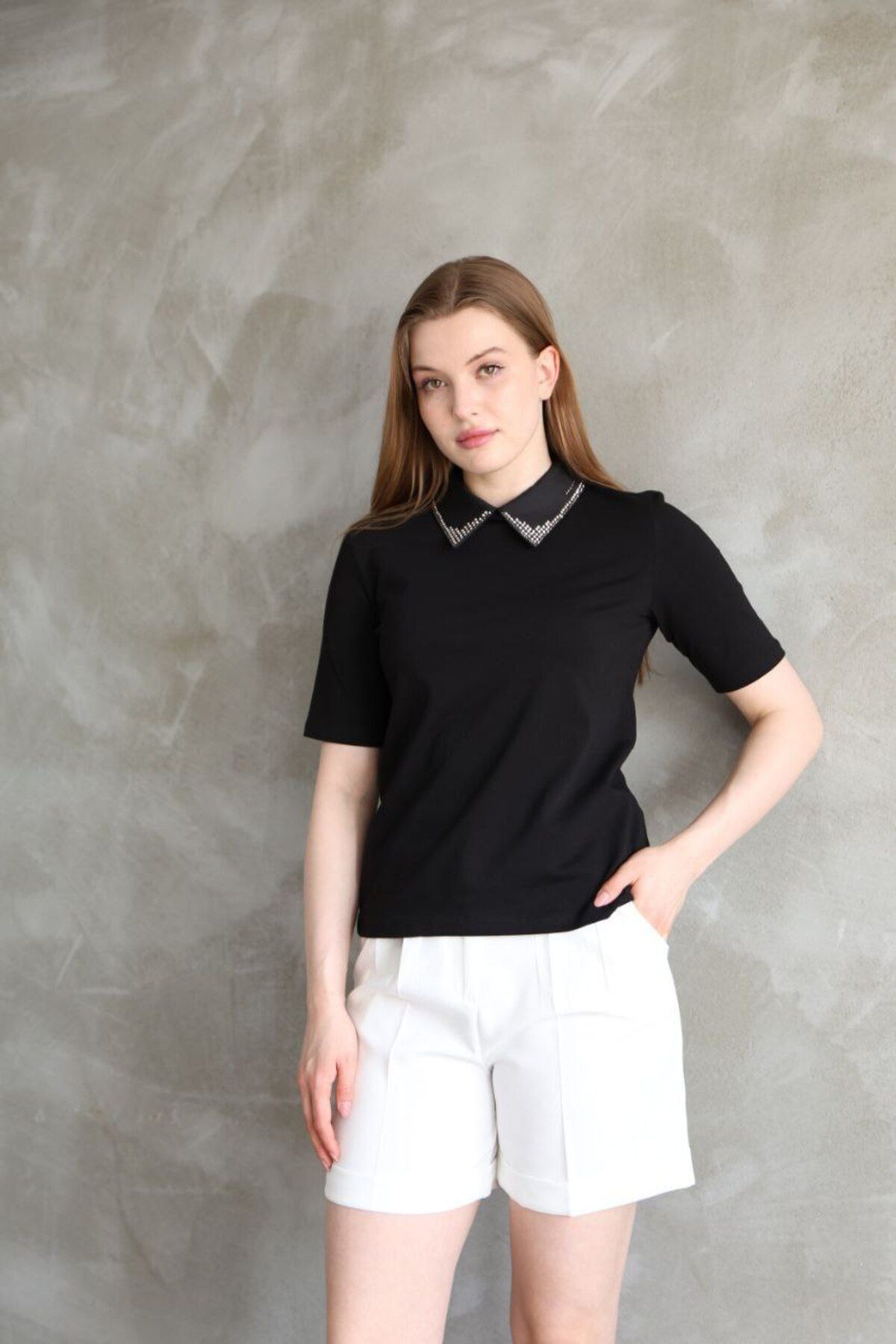 Castivo Fashion Taş Detaylı Gömlek Yaka Kısa Kollu Kadın Bluz