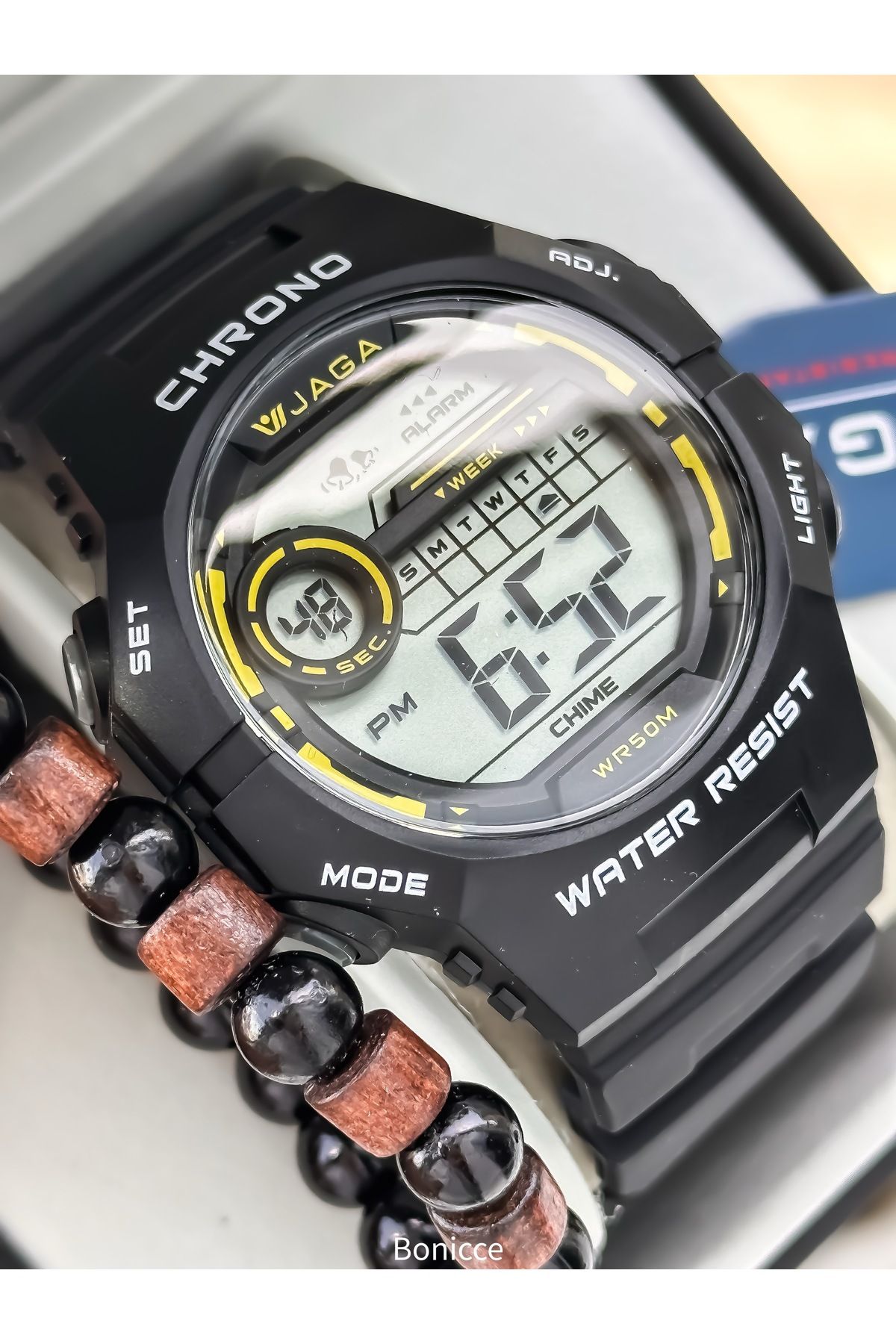 Jaga 45MM Havuz Deniz Kullanım,Işıklı,Takvimli,Kronometreli Siyah Silikon Dijital SPOR Erkek Kol Saatii