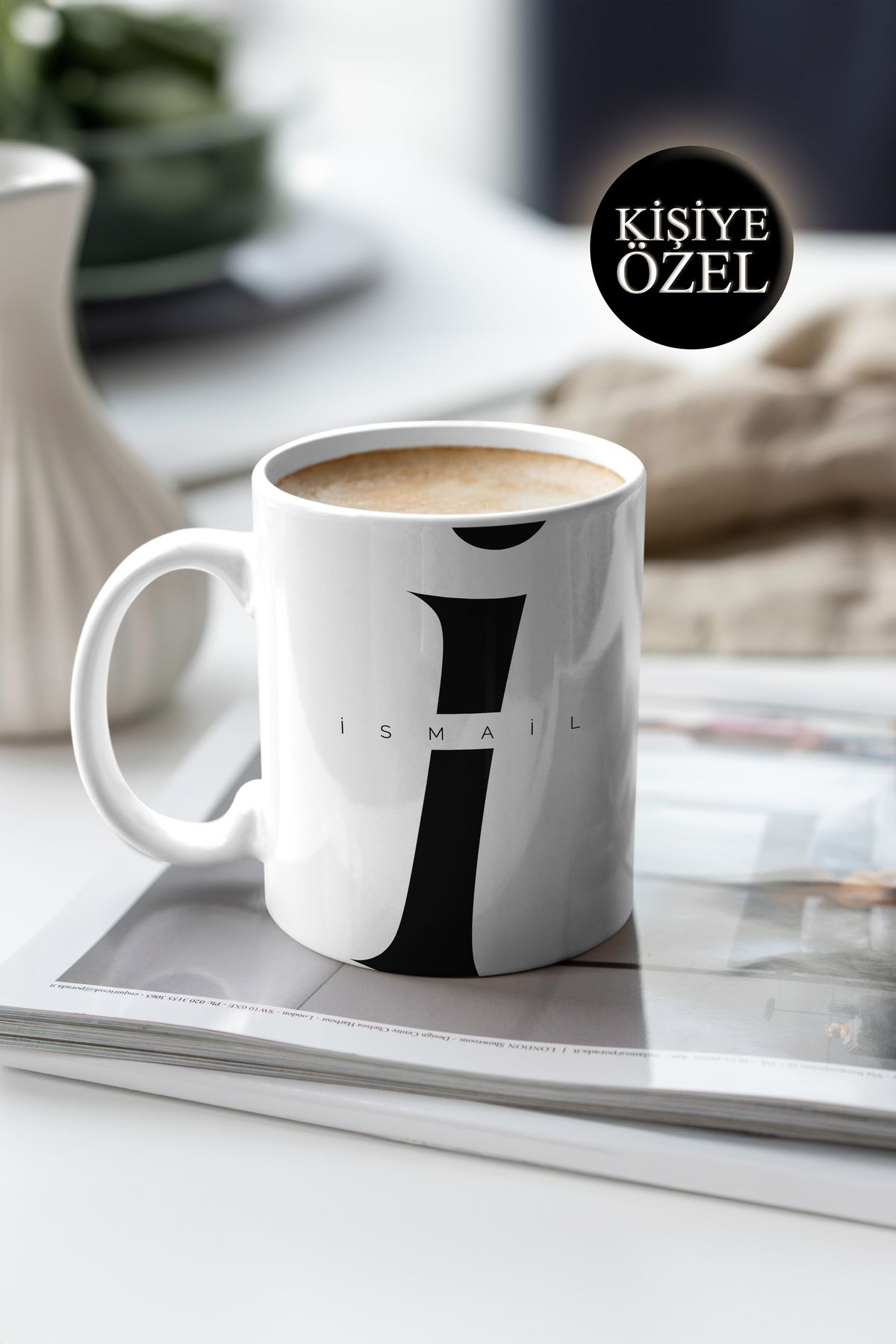 House Gorgeous Kişiye Özel İ Harfi ve İsim Yazılı Siyah Renkli Tasarım Kupa Bardak 300 ml