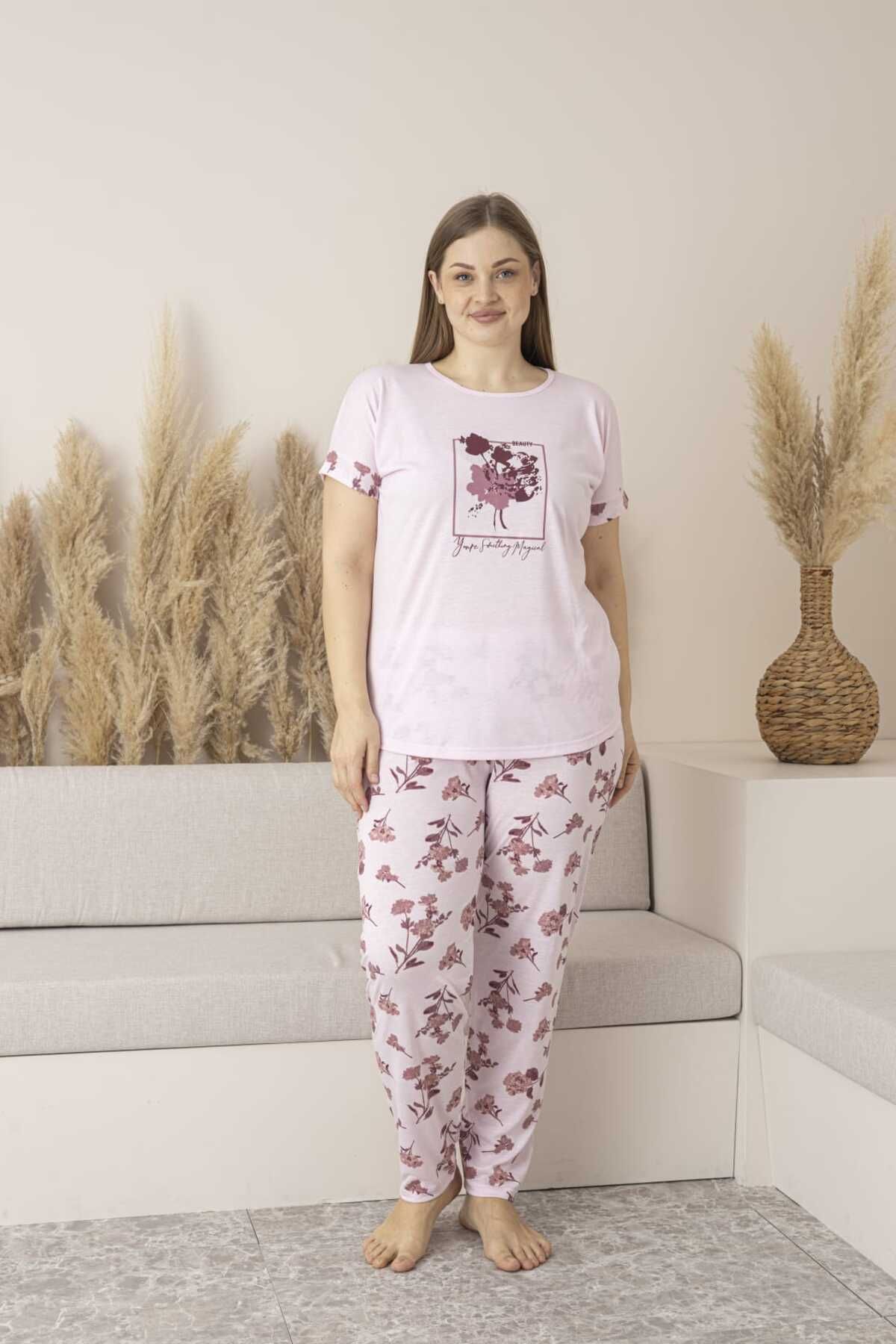 Lio20 Kadın Viskon Çiçek Desenli Kısa Kol Pijama Takımı-Battal-Pembe