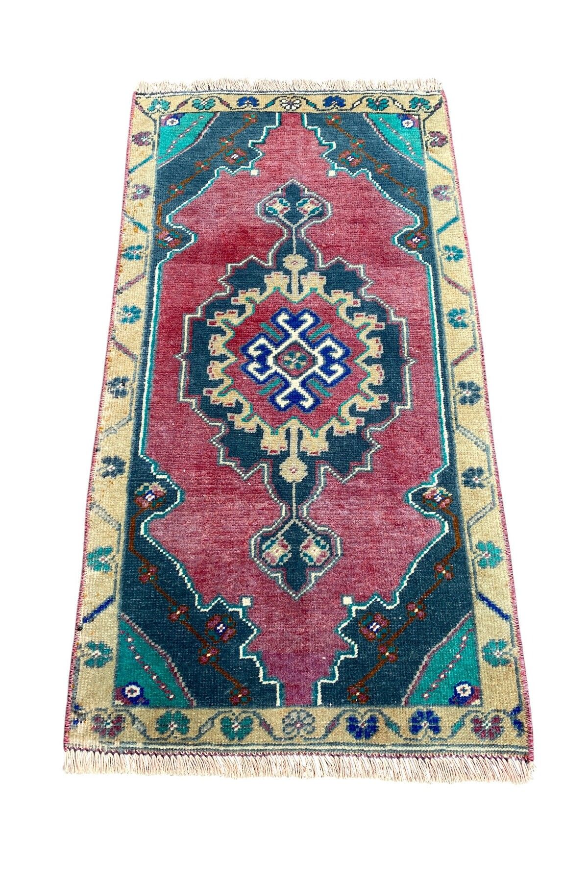 BURAK HALI El Dokuma Vintage Halı Yastık 47x92 Yeşil Mor Eskitme Yün Halı