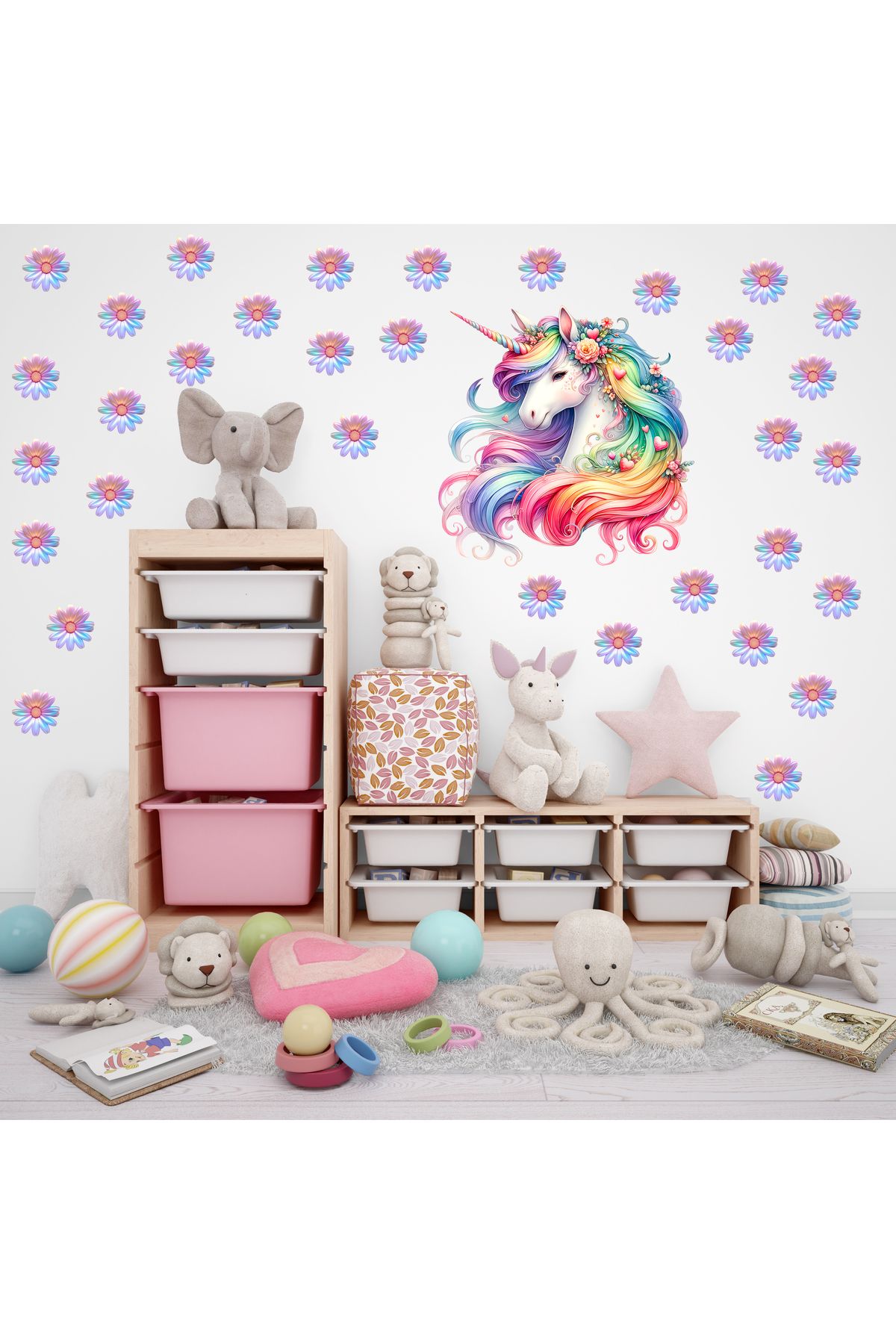 aiki Unicorn ve Gökkuşağı Desenli Papatyalar Çocuk odası duvar süsü, Duvar sticker