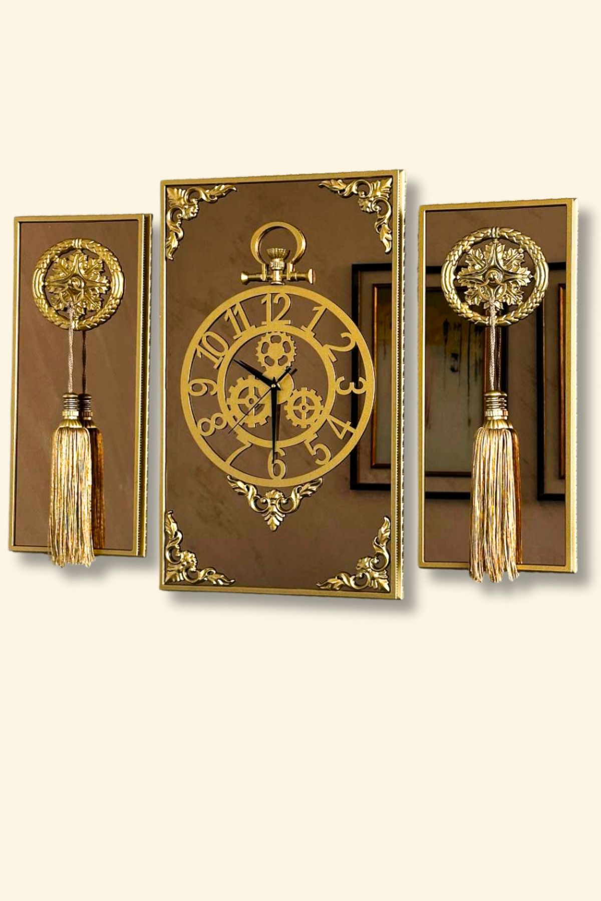 3Lü Gold Dikdörgen Aynalı Çerçeveli Püsküllü Duvar Saati Takımı, Wall Clock, Hediye, MS38-1