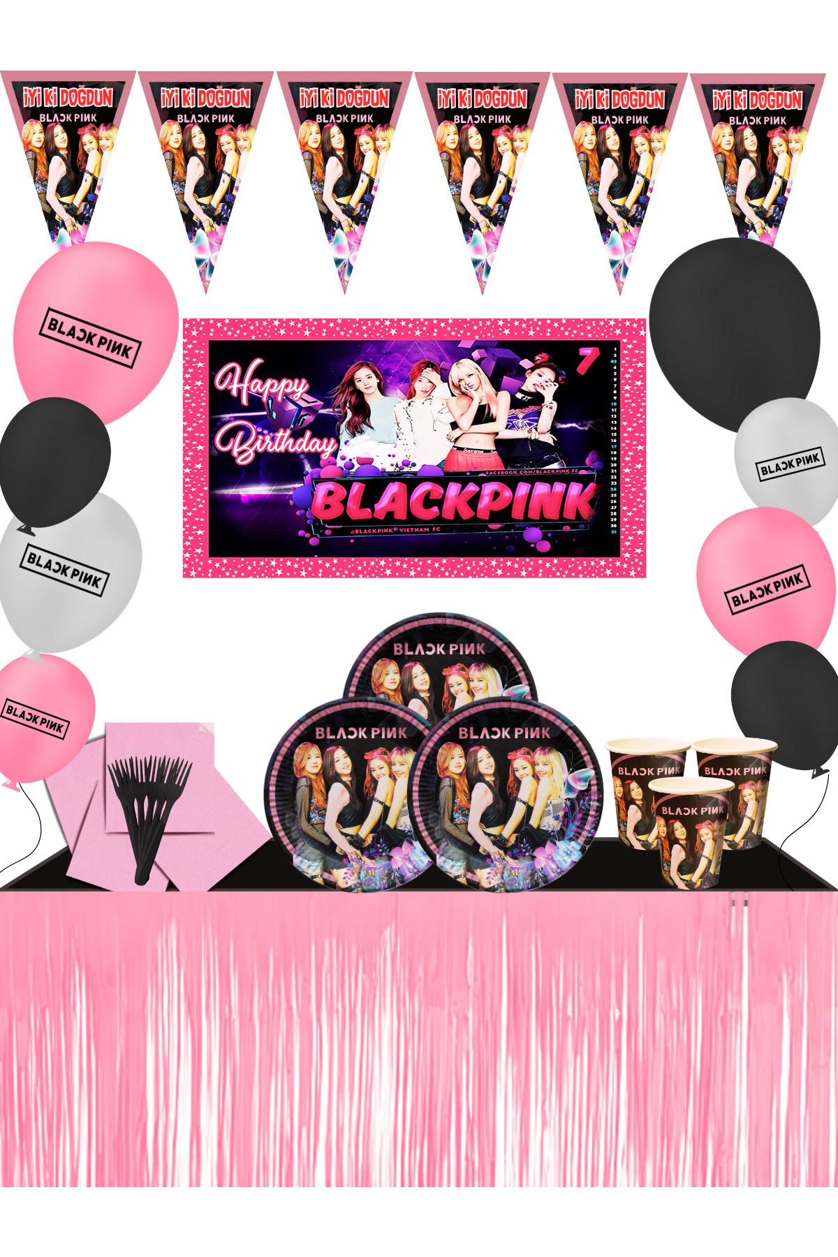 snowparty Black Pink Blackpink Afişli Metalize Masa Etekli 16 Kişilik Doğum Günü Parti Süsleri Seti
