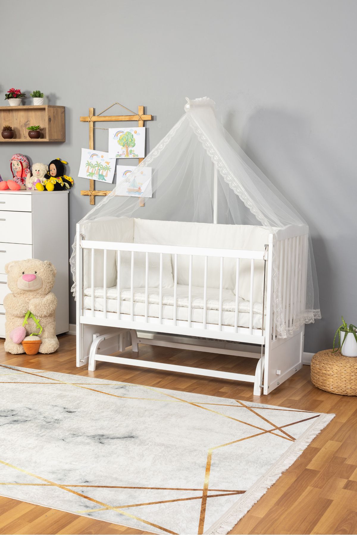 Carino Wins Bebek Beşiği Ahşap Beşik Anne Yanı Yeni Doğan Tutku BEYAZ KREM GÜPÜR UYKU SETLİ