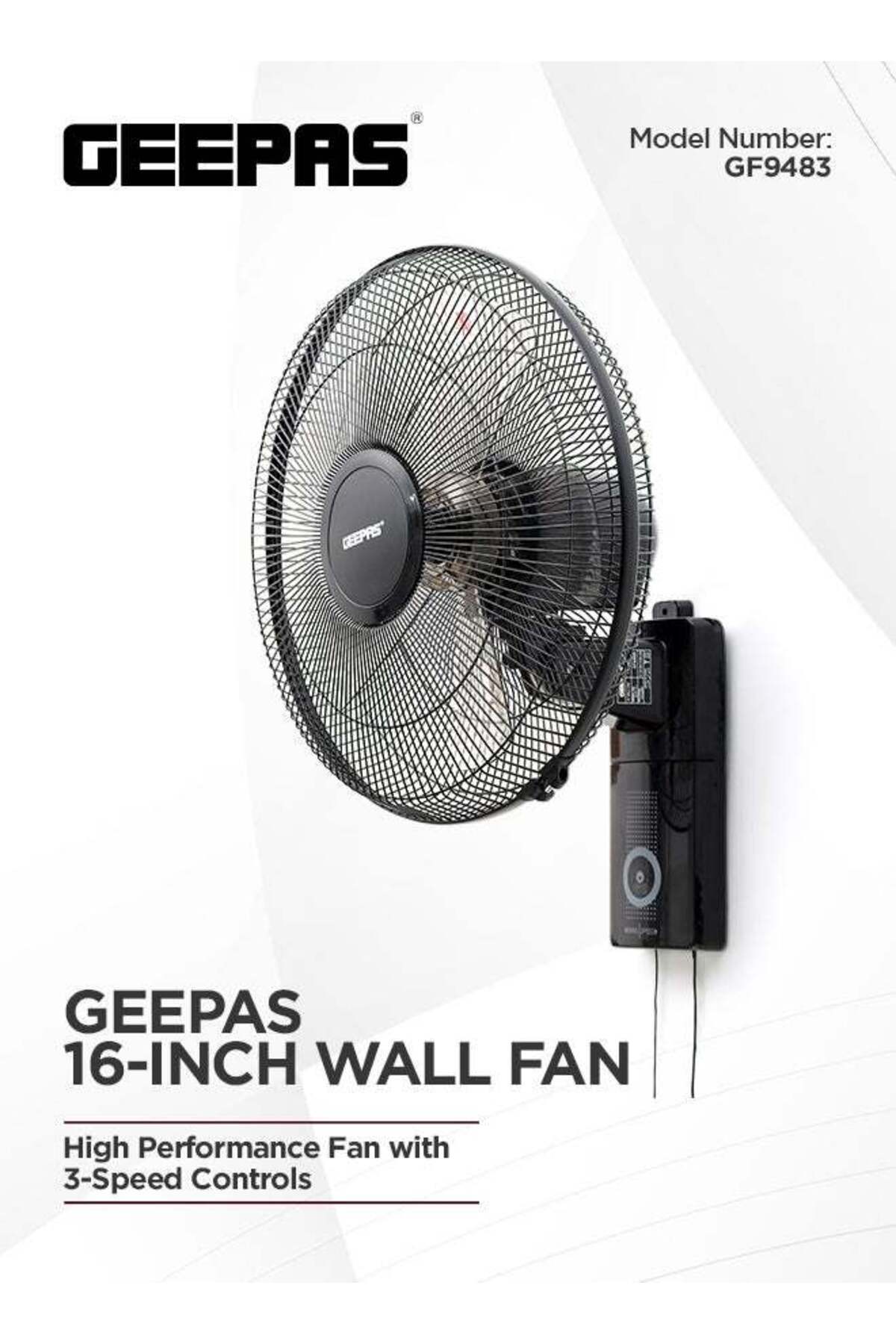 Geepas-16" Wall Fan| High Performance Fan with 3-Speed Controls, 5 Leaf Blades and 2 Pull String Cords| Adj 1