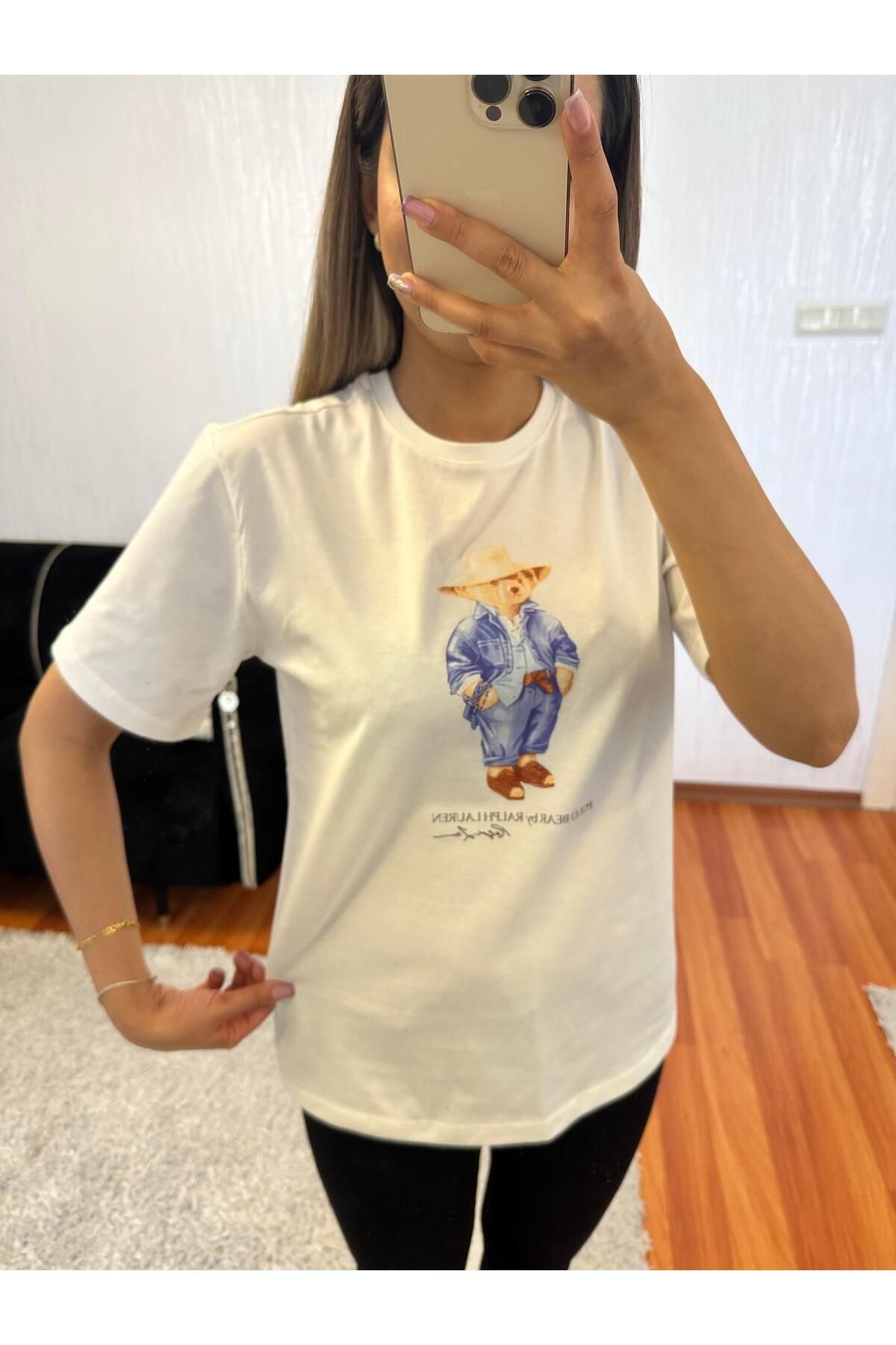 SHINE STYLE Marka Muadil Teddy Baskı Kırık Beyaz Tişört