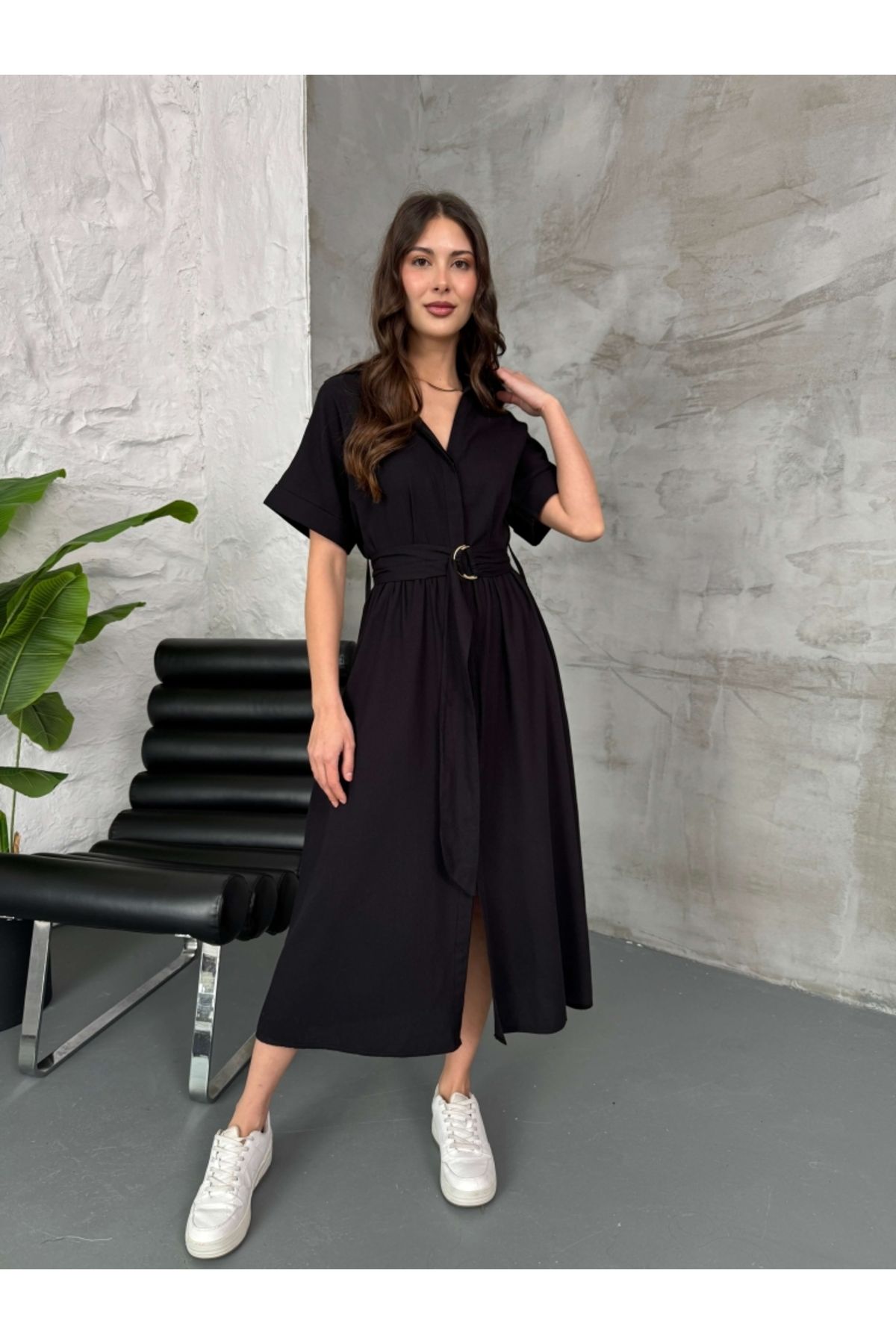 Elif Özbey Butik Siyah Boydan Düğmeli Kuşaklı Keten Elbise