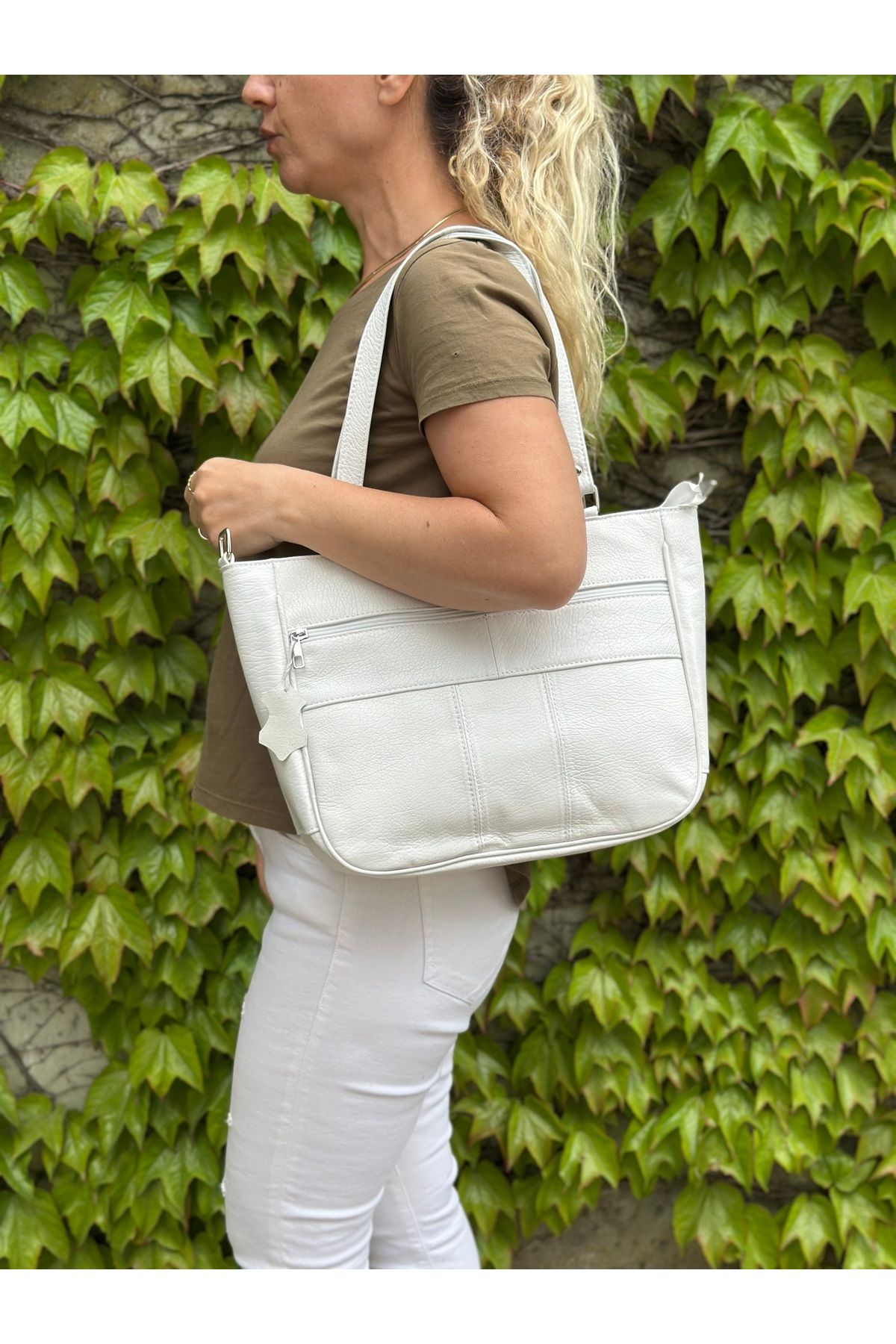 Deribag Hakiki Derİ,Çapraz Askılı,Günlük Çanta ,Kadın Omuz Çantası,Beyaz 32*27*12 Cm