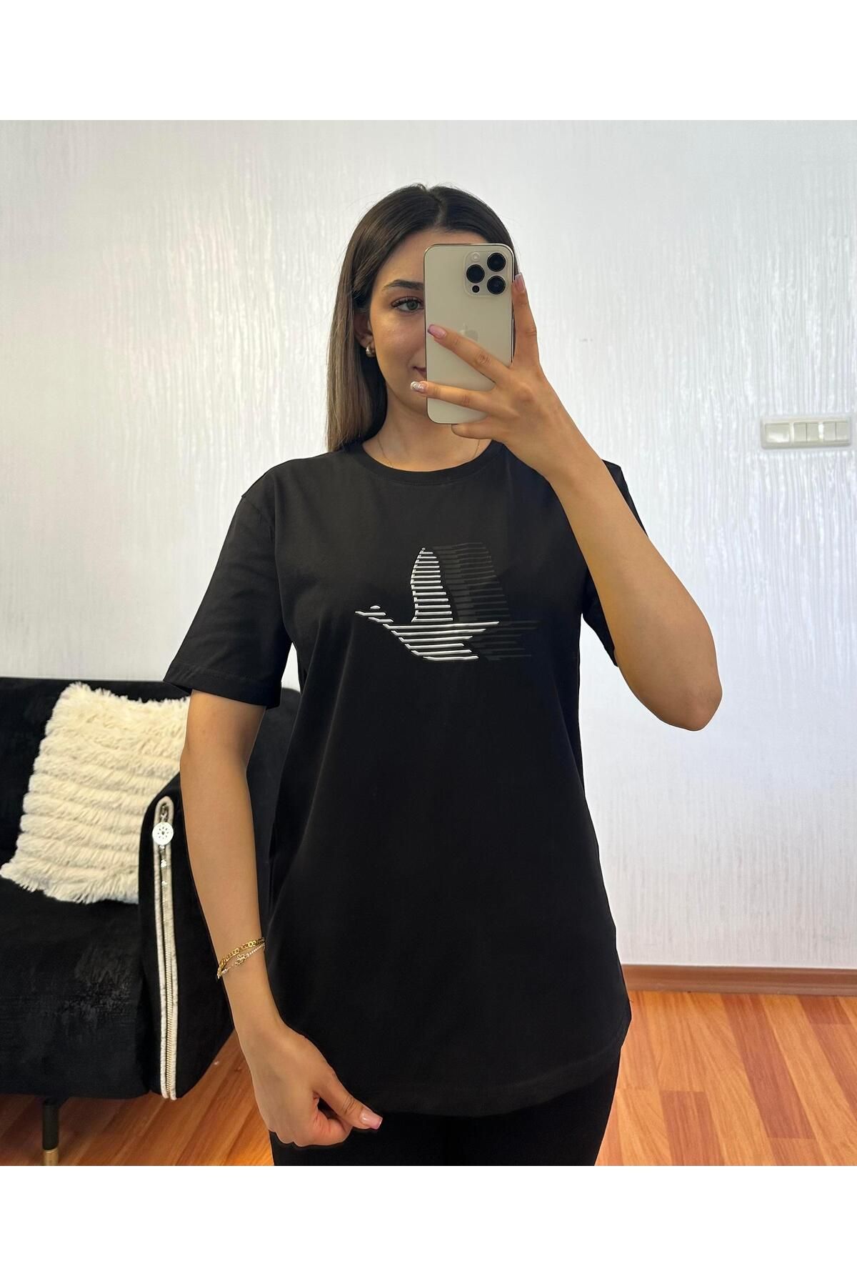 SHINE STYLE Marka Muadil Çift Kuş Baskı Siyah Tişört