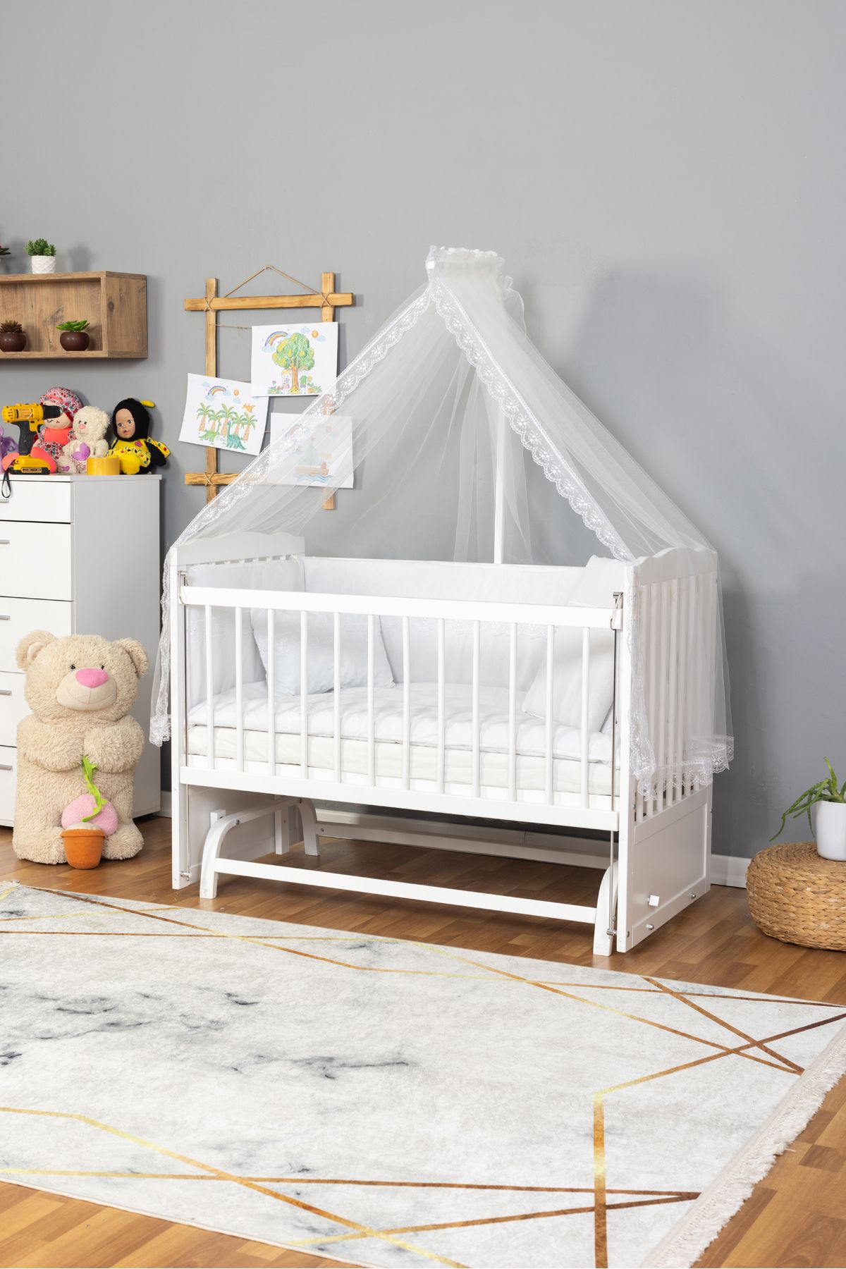 Carino Wins Ahşap Beşik Anne Yanı Yeni Doğan Tutku BEYAZ Bebek Beşiği BEYAZ GÜPÜR UYKU SETLİ
