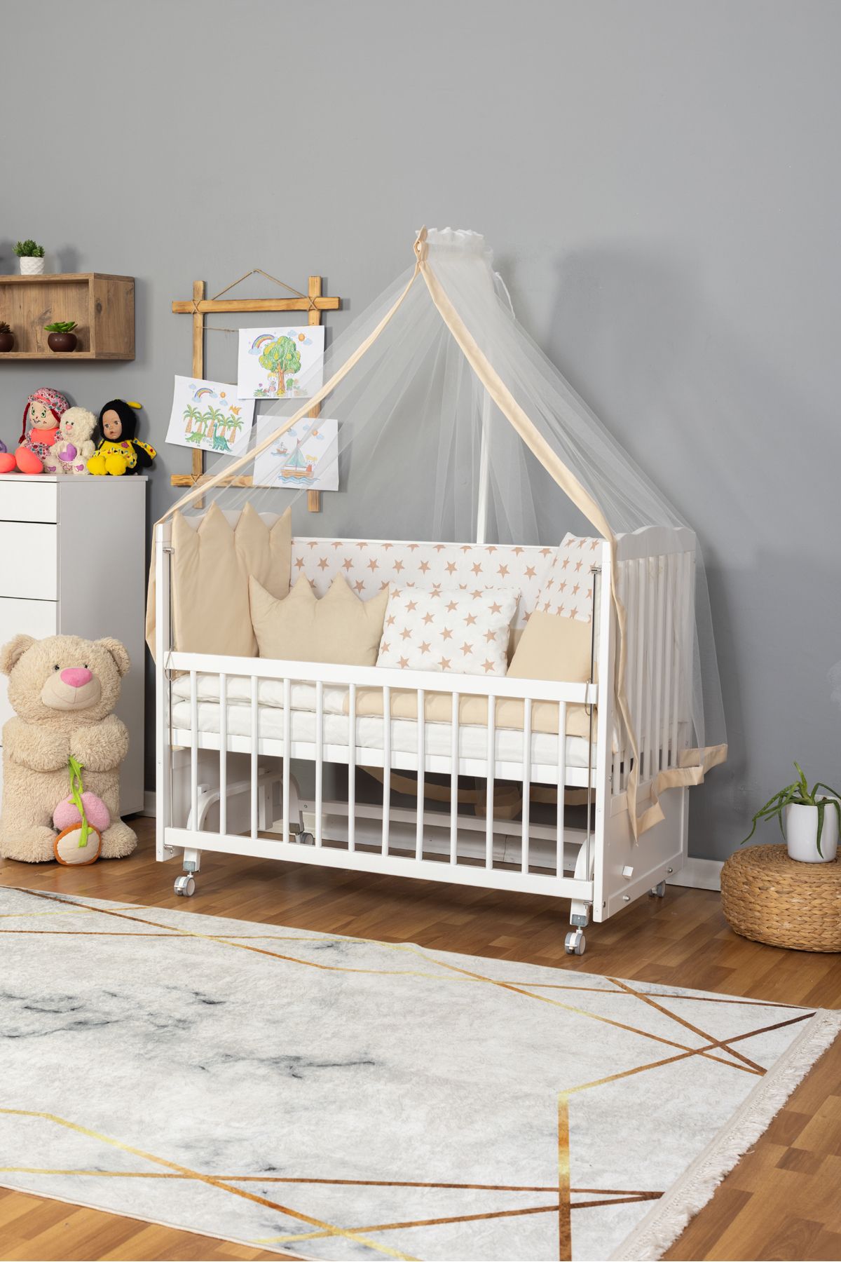 Carino Wins Tutku BEYAZ Bebek Beşiği Ahşap Beşik Anne Yanı Yeni Doğan KREM NAKIŞ YAZISIZ UYKU SETLİ + TEKERLEK