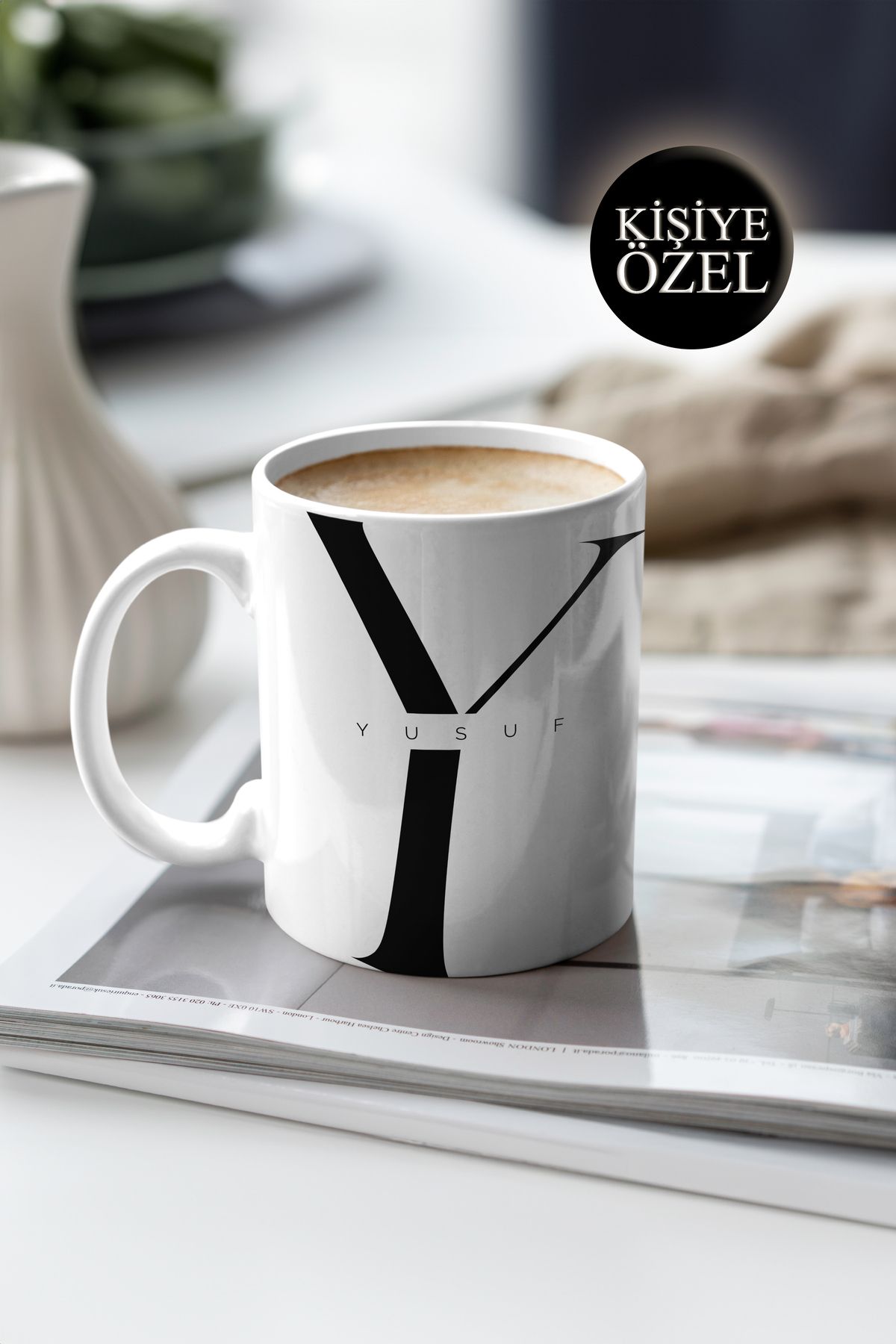 House Gorgeous Kişiye Özel Y Harfi ve İsim Yazılı Siyah Renkli Tasarım Kupa Bardak 300 ml