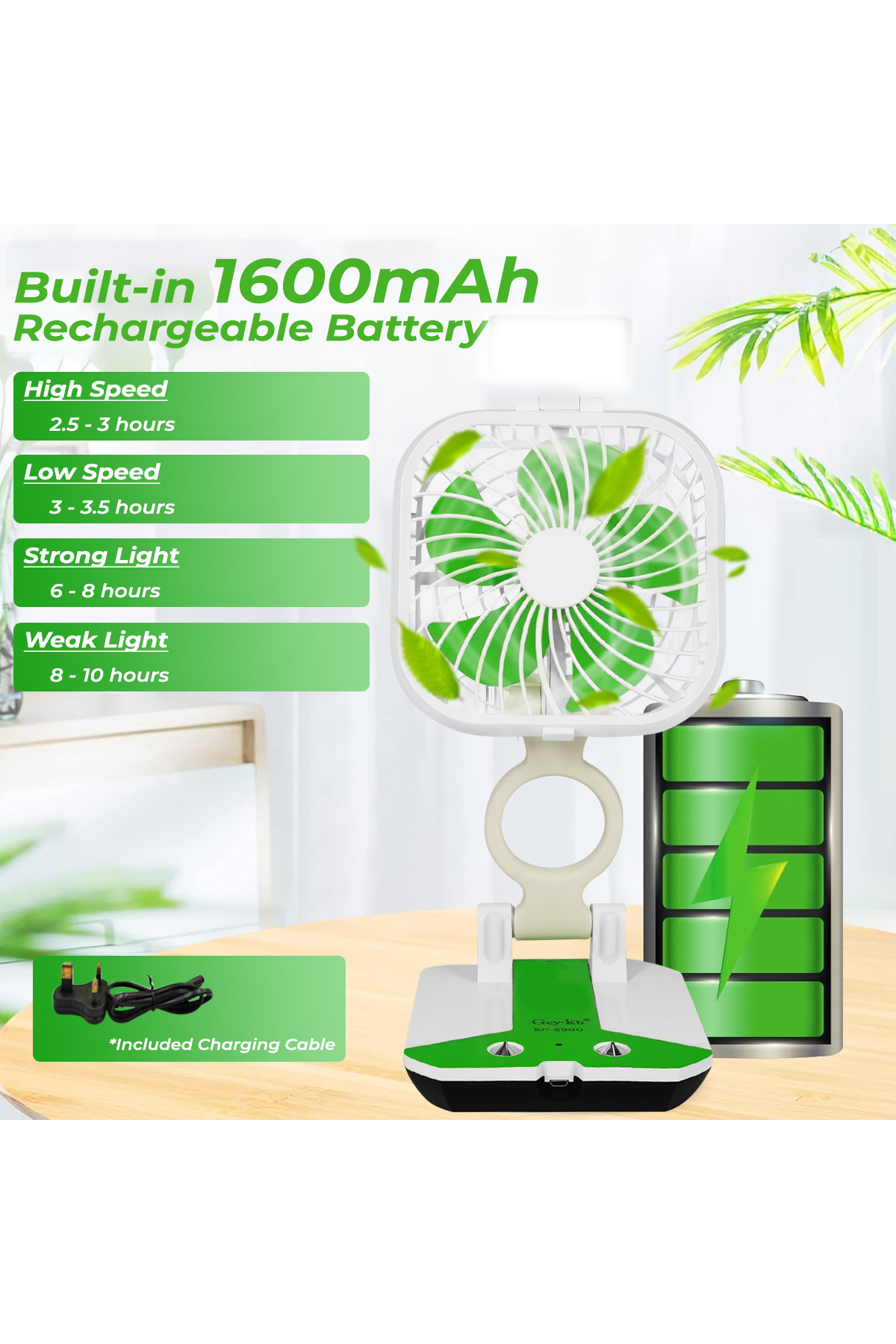 GCY-KB-Multifunctional Folding Fan, 1600mAh Rechargeable Battery, Adjustable Speed - KC-5900 4