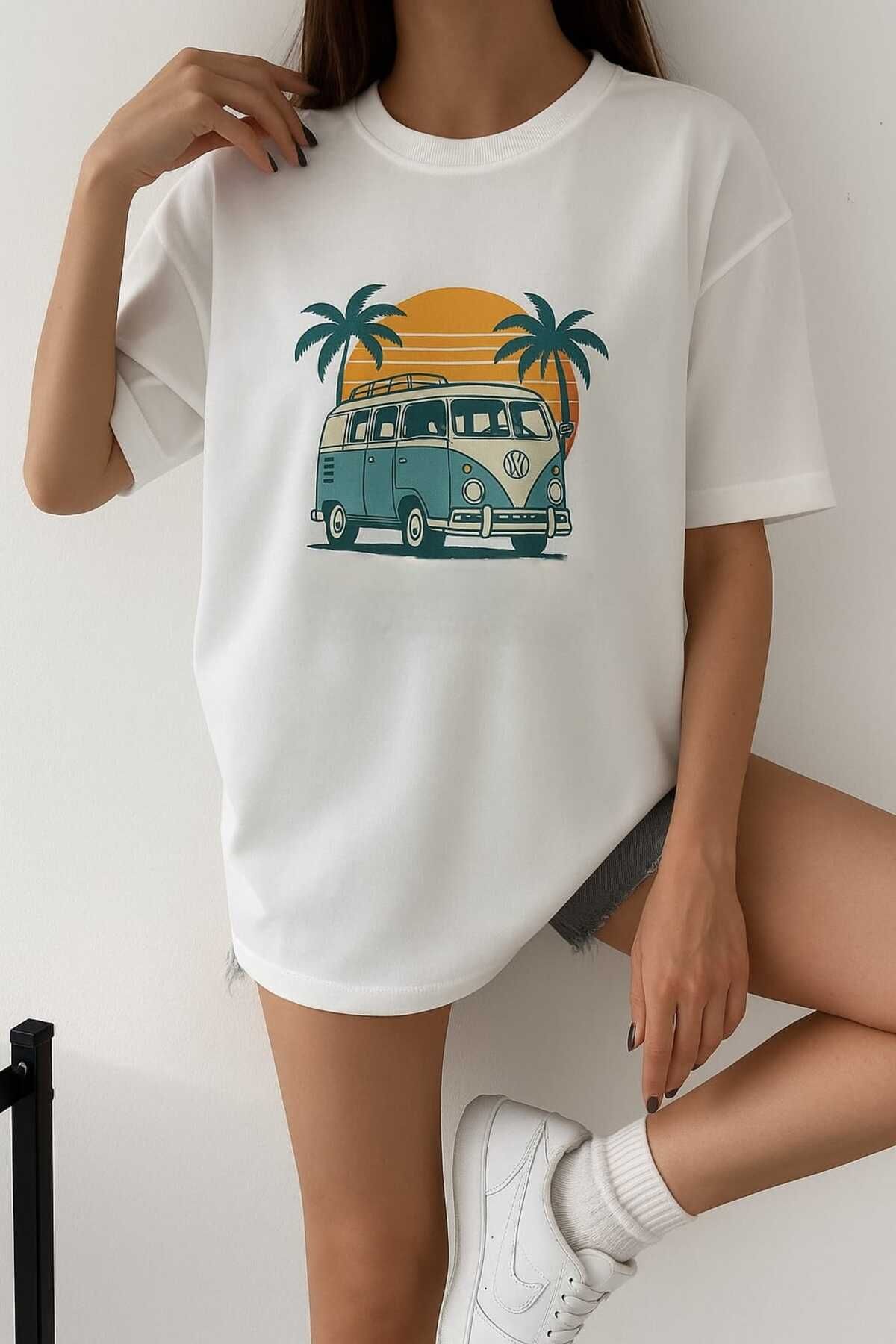 Eldemir WOSWOSMİNİBÜS Baskılı Bisiklet Yaka Pamuk Oversize T-shirt