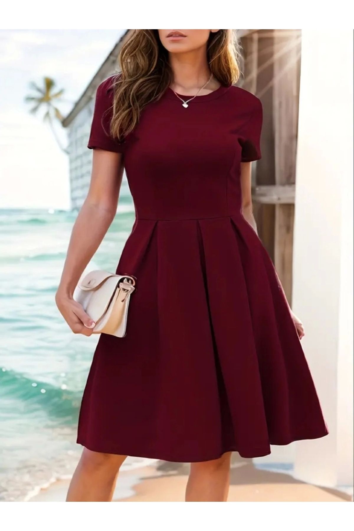 Butik Kadın Kısa Kollu Bisiklet Yaka önden Pile Detaylı Janjan Krep Elbise