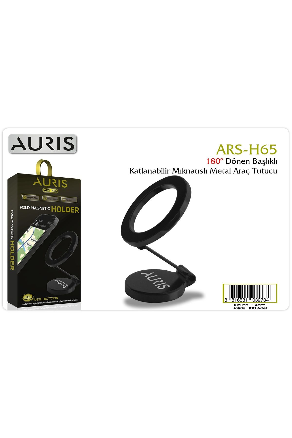 Auris H65 Metal Araç İçi Telefon Tutucu – 180° Dönen Başlık ve Katlanabilir Mıknatıslı Tasarım