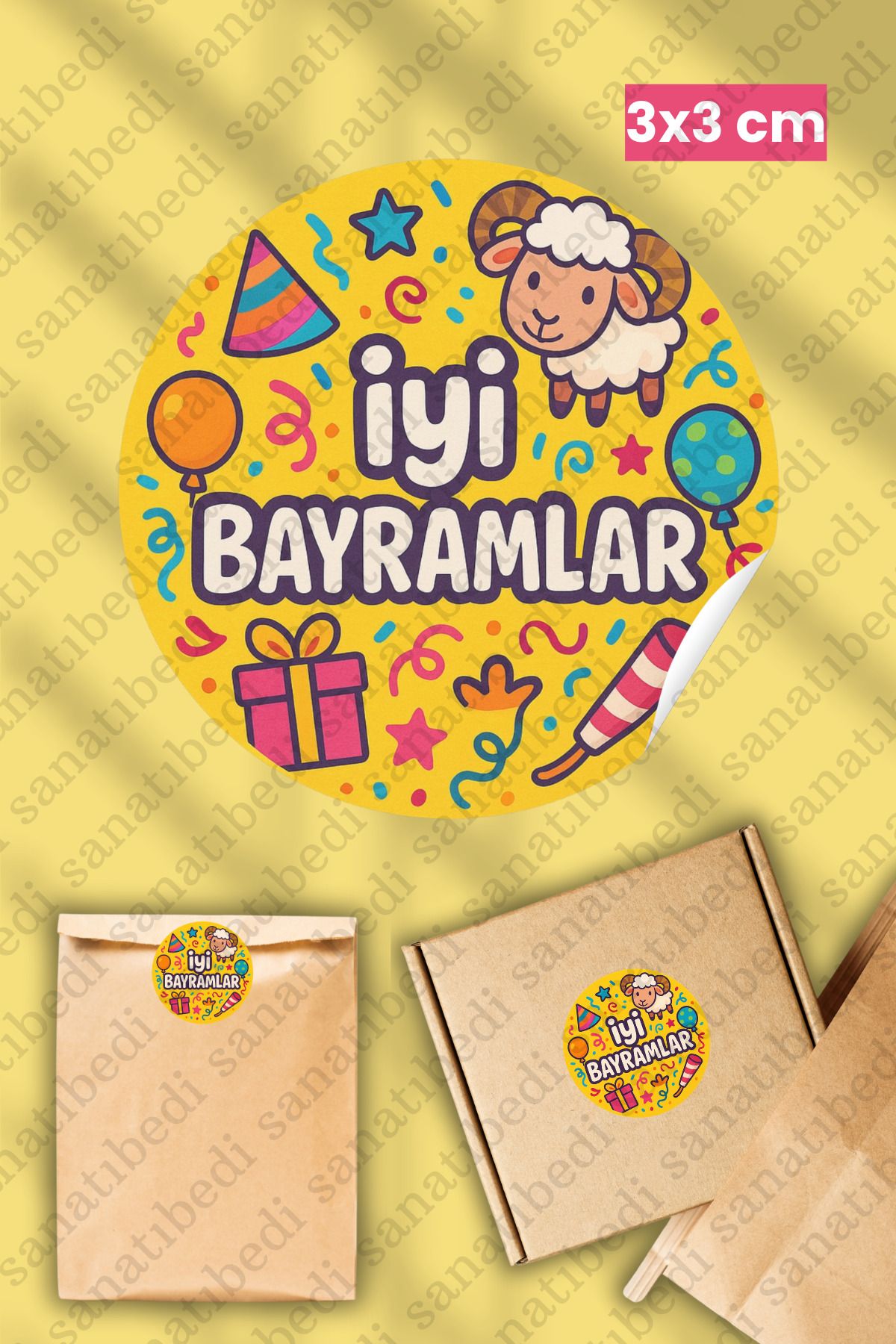 sanatıbedi 50 Adet İyi Bayramlar Temalı Kurban Bayramı Sticker - Kargo Ambalaj Paketleme Etiketi 3x3 cm